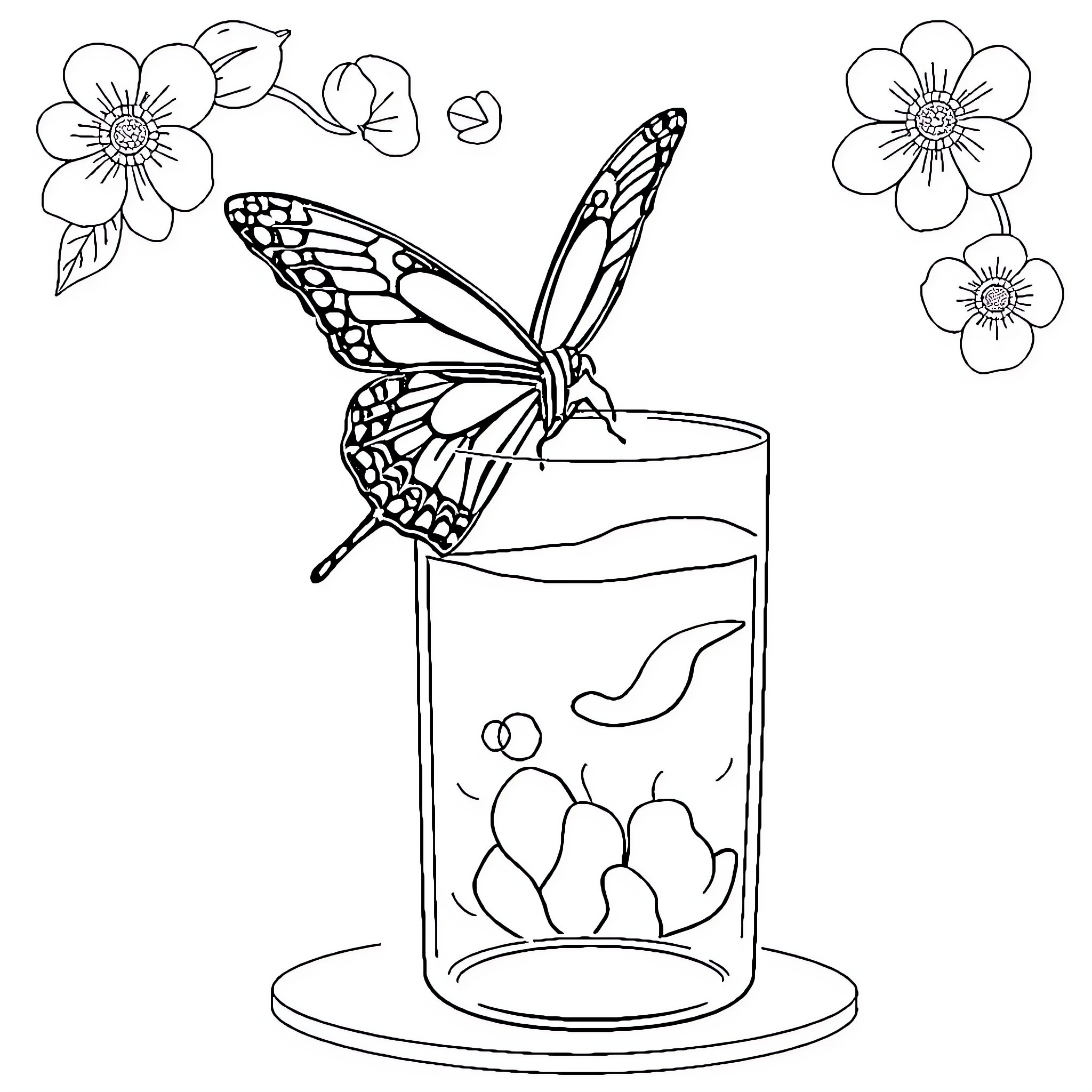 Butterfly hovering over a jar with flowers Coloring Page (free black-and-white line drawing printable PDF for all, from beginners to advanced learners, including children, teens, adults, and seniors)