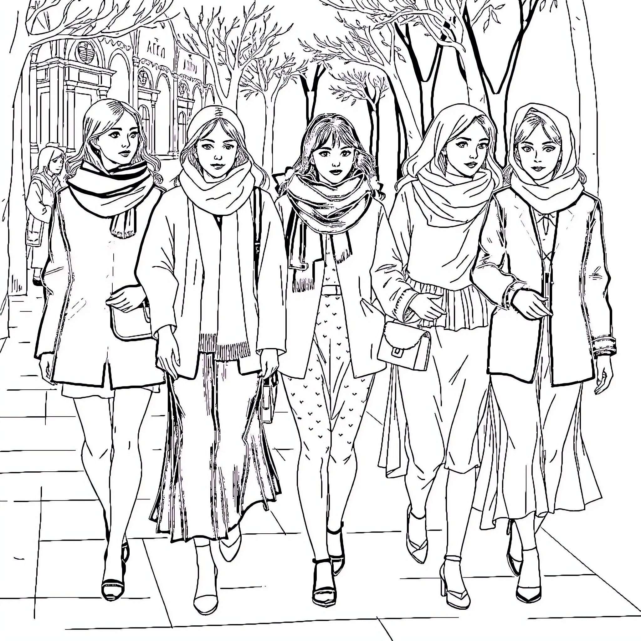 Women walking together in winter attire Coloring Page (free black-and-white line drawing printable PDF for all, from beginners to advanced learners, including children, teens, adults, and seniors)