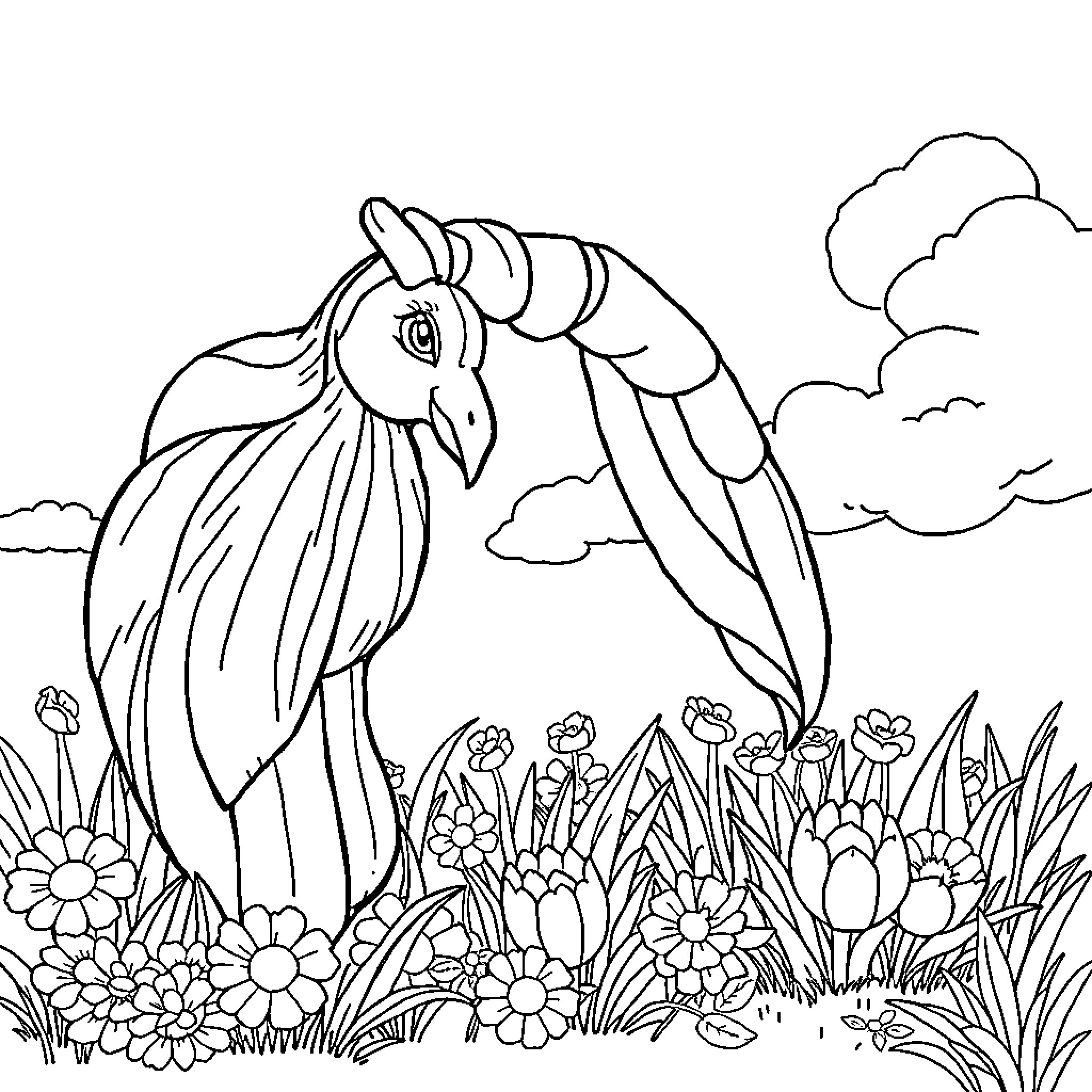 Rainbow Creature Exploring Vibrant Floral Garden Coloring Page (free black-and-white line drawing printable PDF for all, from beginners to advanced learners, including children, teens, adults, and seniors)
