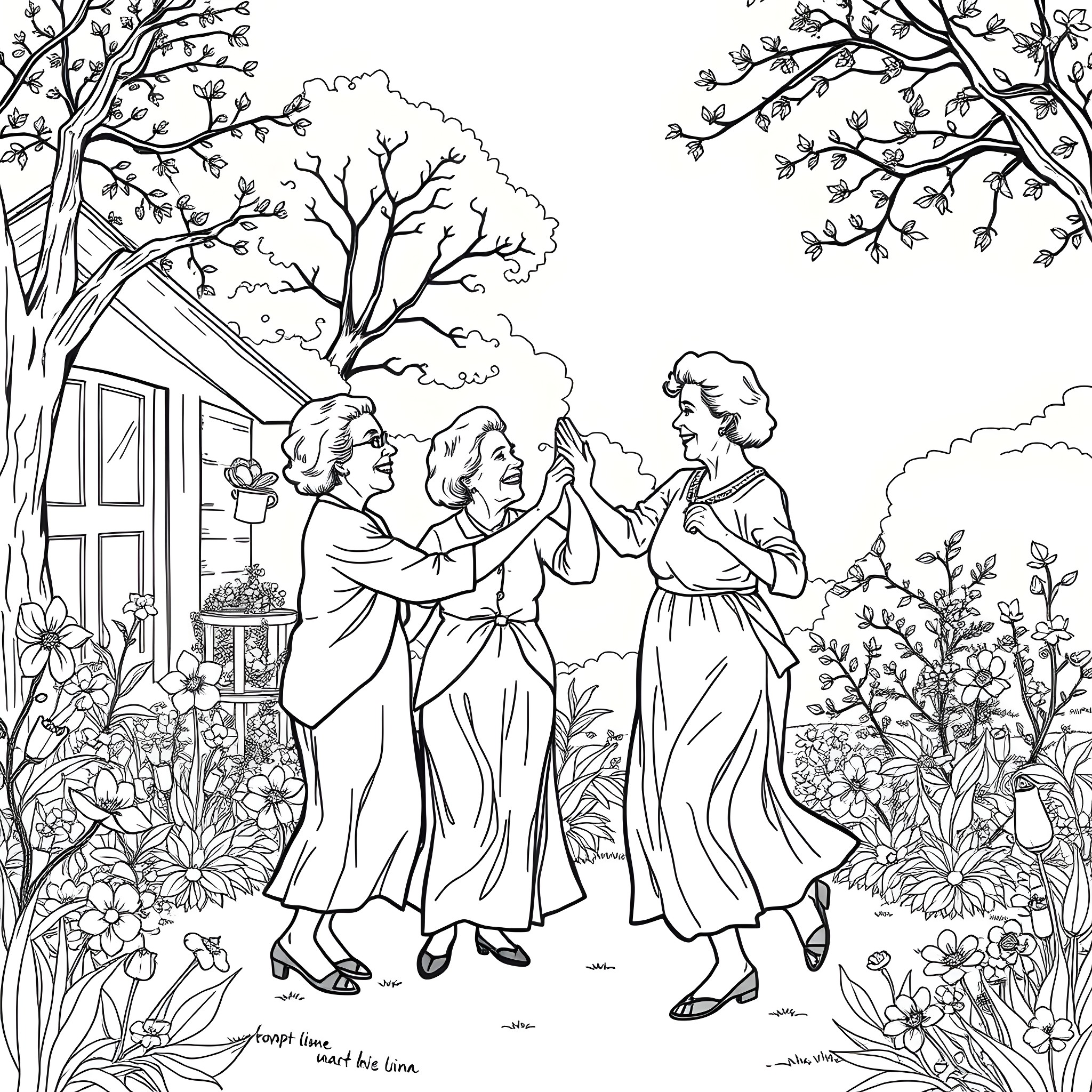 Grandma and friends dancing joyfully in the garden Coloring Page (free black-and-white line drawing printable PDF for all, from beginners to advanced learners, including children, teens, adults, and seniors)