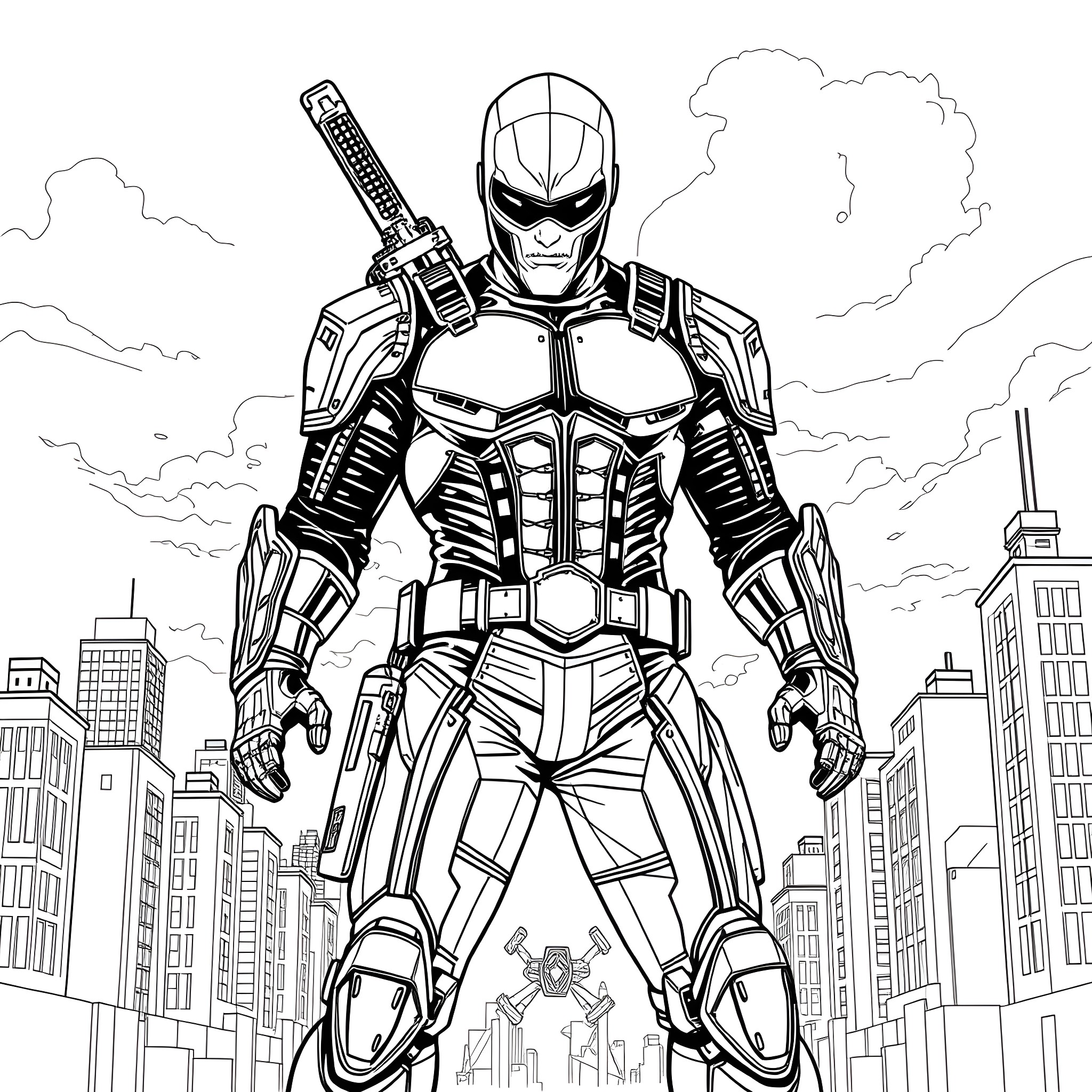 Dare The Terminator Fights Evil in the Cyberpunk City Coloring Page (free black-and-white line drawing printable PDF for all, from beginners to advanced learners, including children, teens, adults, and seniors)