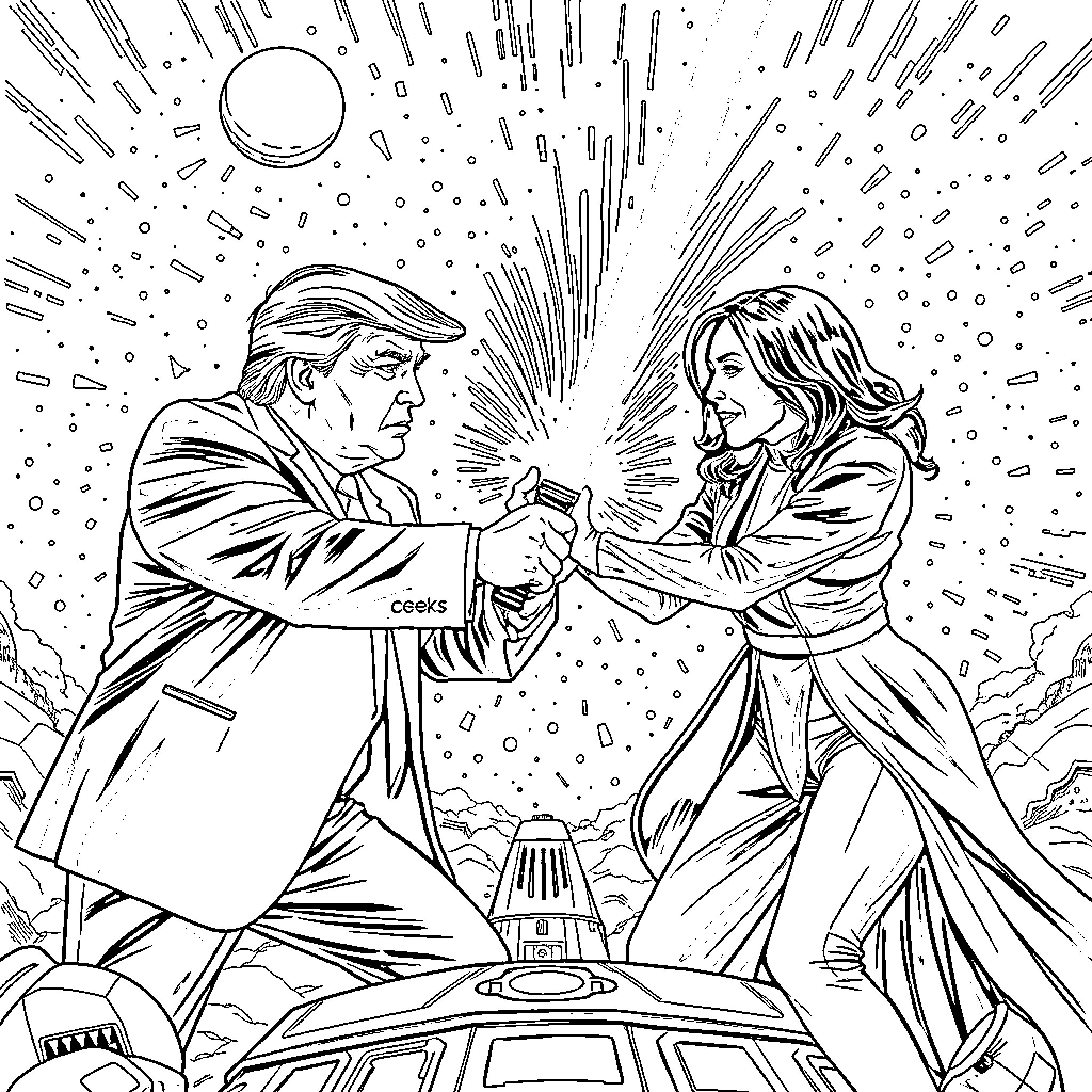 Trump's Dramatic Confrontation with Confident Figure Coloring Page (free black-and-white line drawing printable PDF for all, from beginners to advanced learners, including children, teens, adults, and seniors)