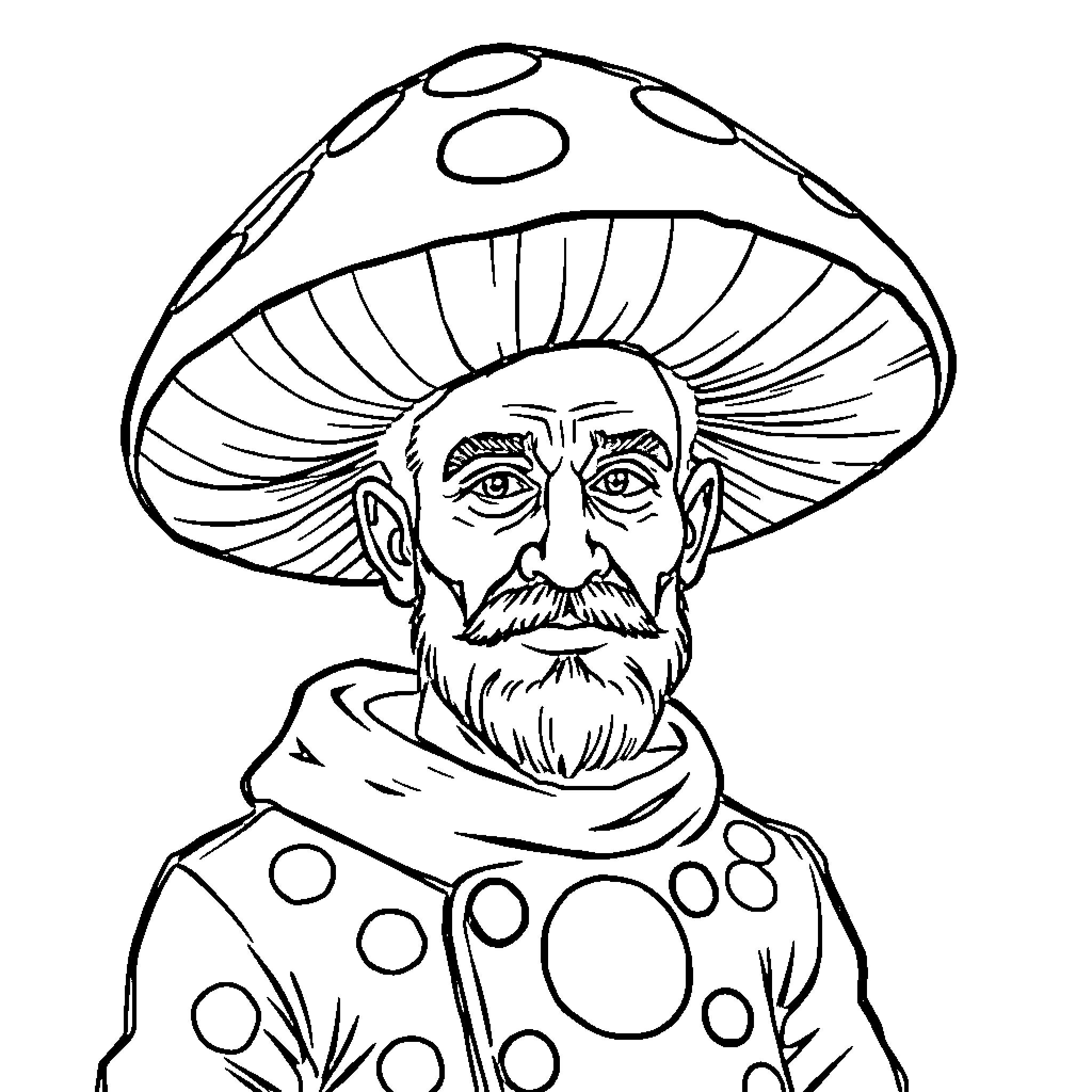 Man with large mushroom hat and patterned outfit Coloring Page (free black-and-white line drawing printable PDF for all, from beginners to advanced learners, including children, teens, adults, and seniors)