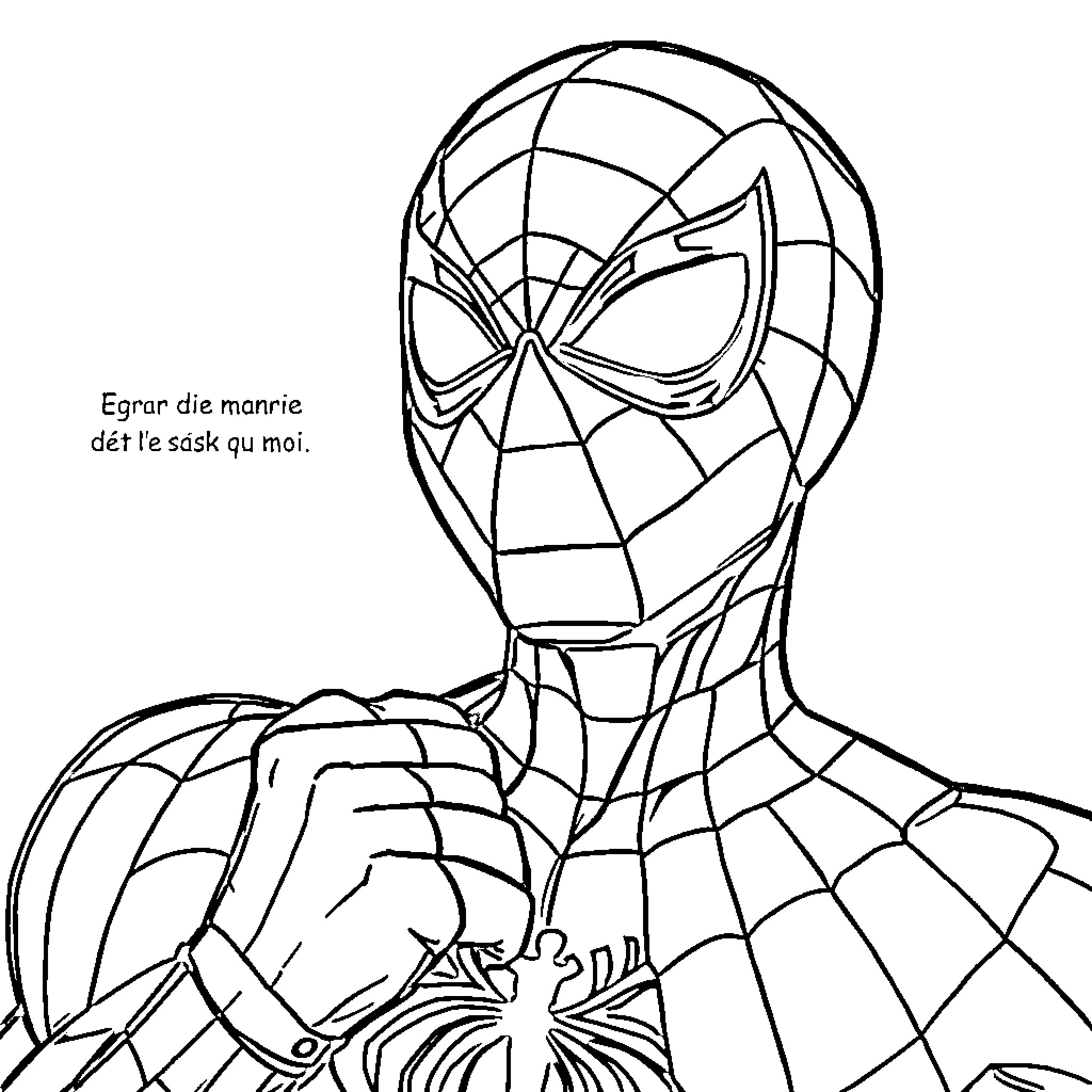Spidey in thoughtful pose with quote Coloring Page (free black-and-white line drawing printable PDF for all, from beginners to advanced learners, including children, teens, adults, and seniors)
