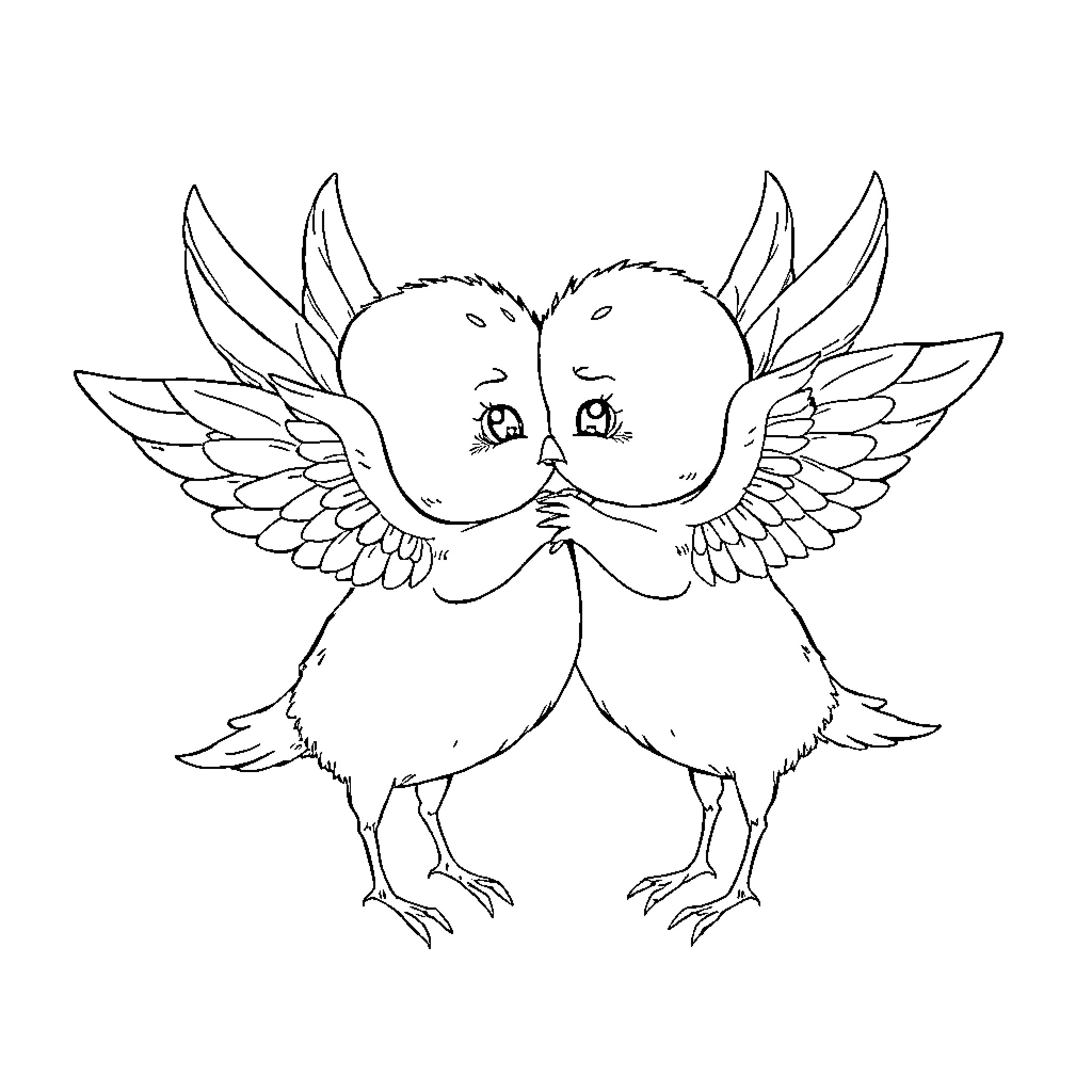 Angel Doves Embracing with Affection Coloring Page (free black-and-white line drawing printable PDF for all, from beginners to advanced learners, including children, teens, adults, and seniors)