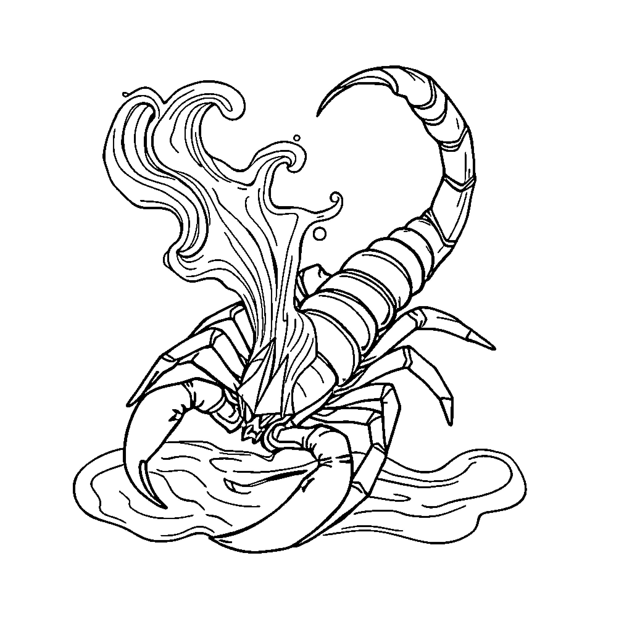 Aquarius scorpion swimming in the ocean Coloring Page (free black-and-white line drawing printable PDF for all, from beginners to advanced learners, including children, teens, adults, and seniors)