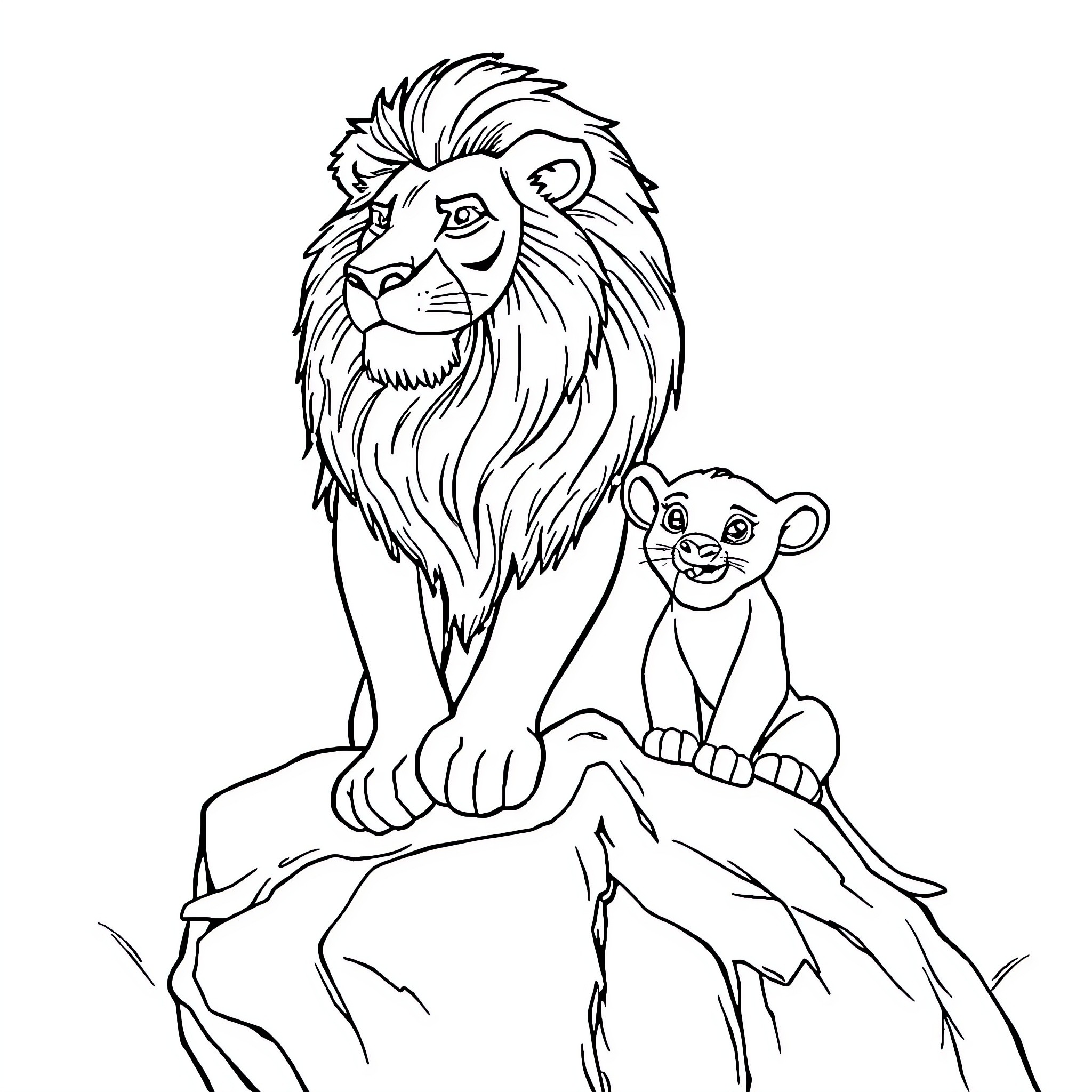 Lion and cub in scenic view Coloring Page (free black-and-white line drawing printable PDF for all, from beginners to advanced learners, including children, teens, adults, and seniors)