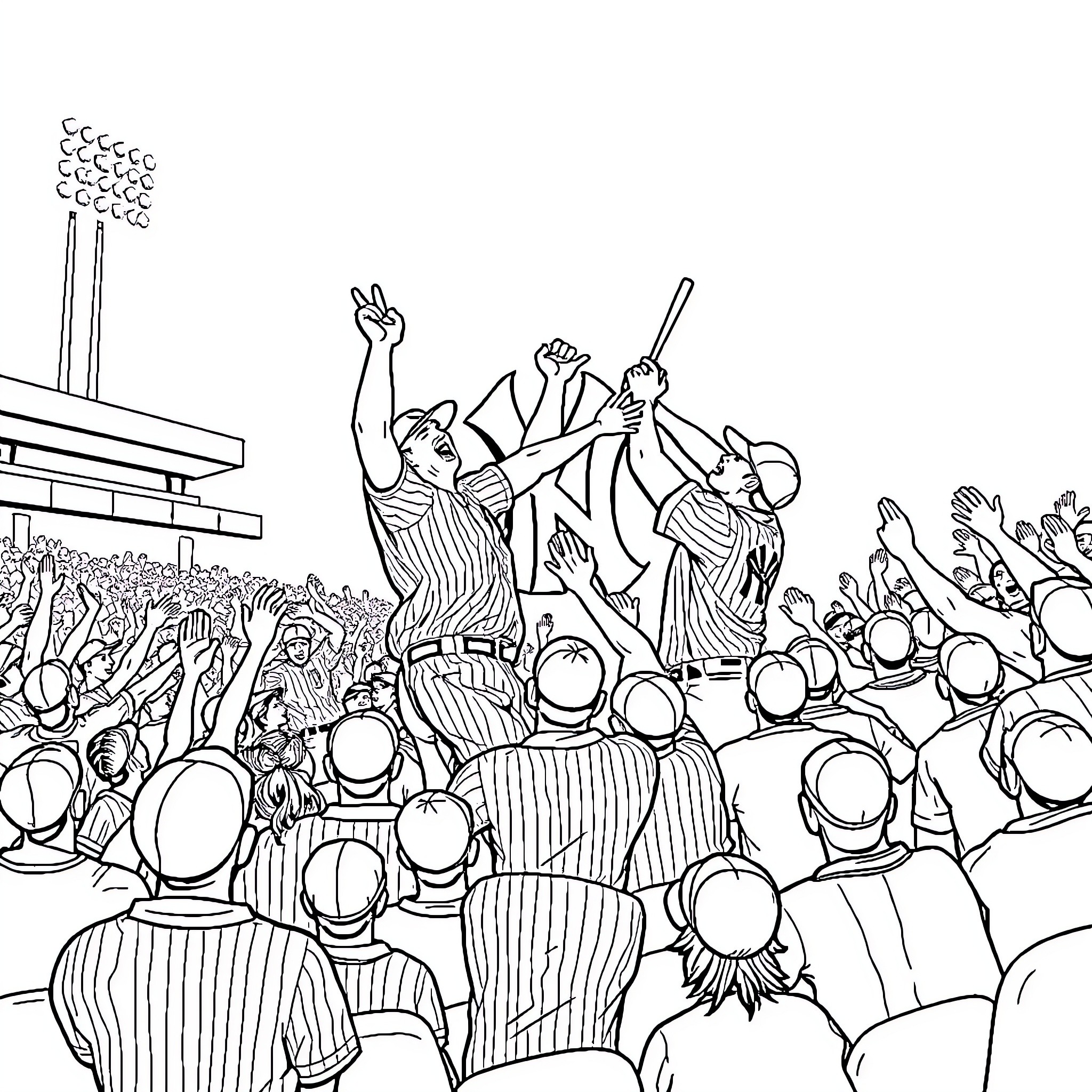 Yankees fans celebrating victory in the stadium Coloring Page (free black-and-white line drawing printable PDF for all, from beginners to advanced learners, including children, teens, adults, and seniors)