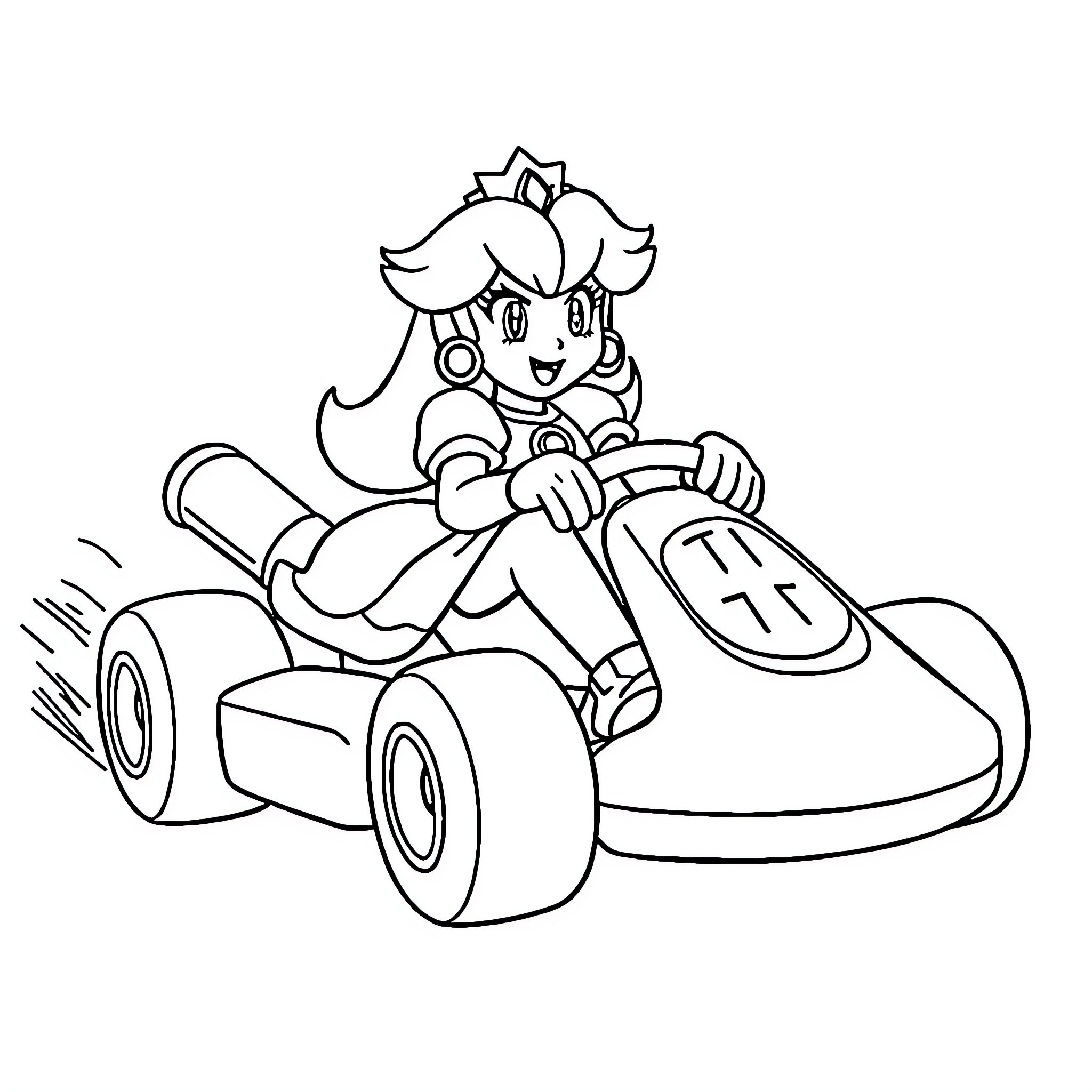 Peach Kart: Cheerful Princess Racing in Kart Coloring Page (free black-and-white line drawing printable PDF for all, from beginners to advanced learners, including children, teens, adults, and seniors)