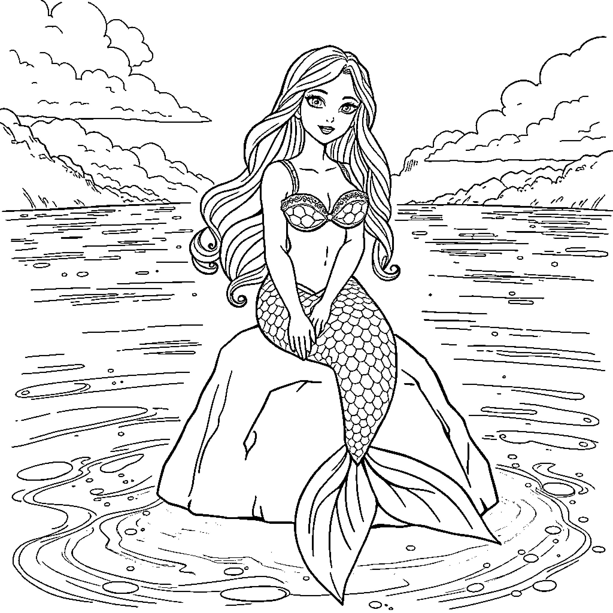 Mermaid relaxing in the tranquil waters Coloring Page (free black-and-white line drawing printable PDF for all, from beginners to advanced learners, including children, teens, adults, and seniors)