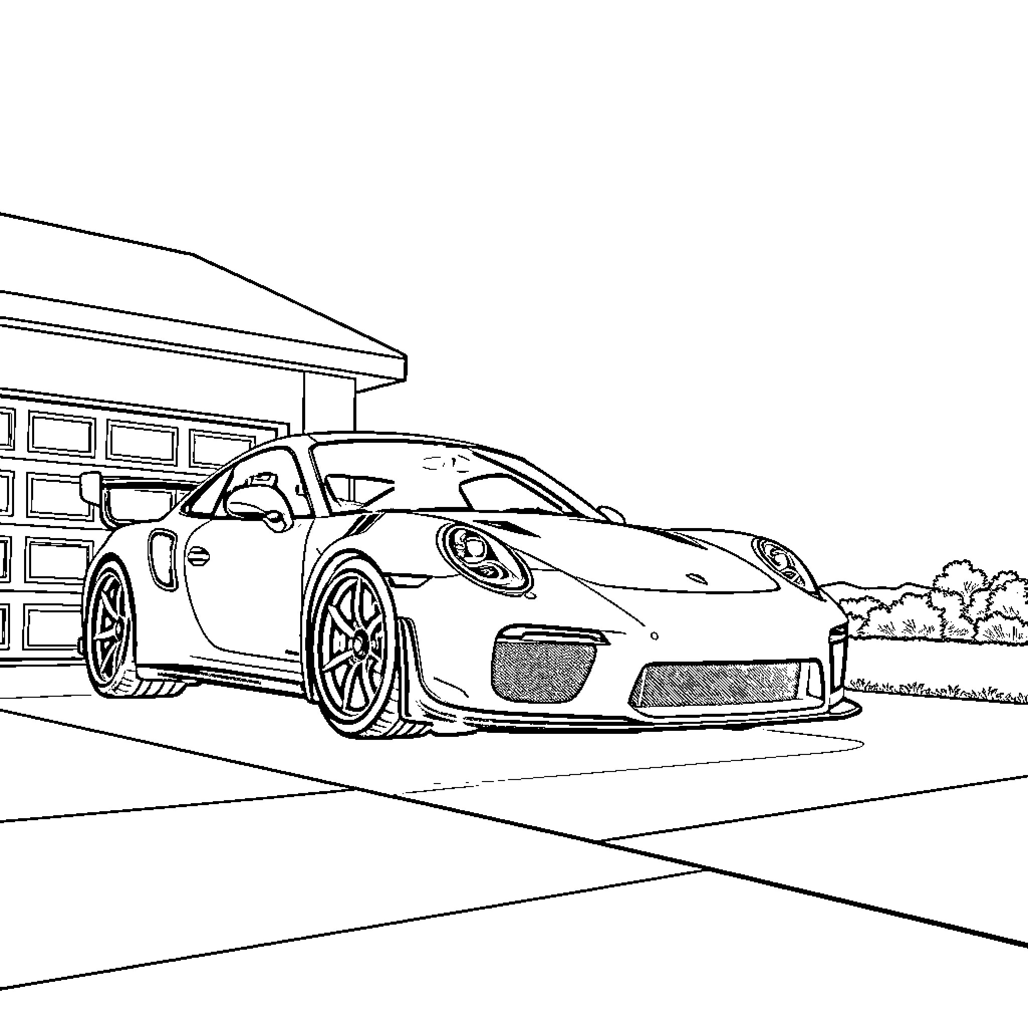 Porsche sports car parked in front of garage Coloring Page (free black-and-white line drawing printable PDF for all, from beginners to advanced learners, including children, teens, adults, and seniors)