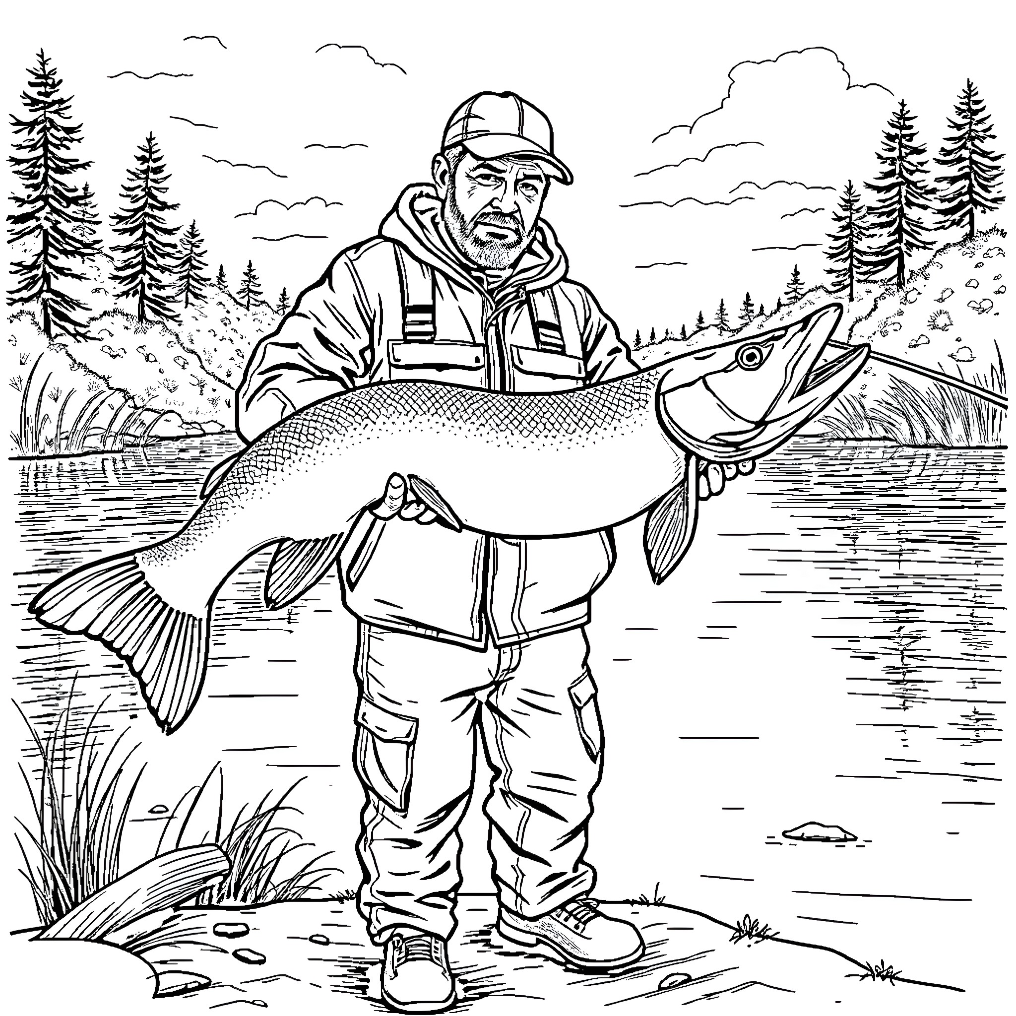 Fisherman proudly displaying his trophy catch in the wilderness Coloring Page (free black-and-white line drawing printable PDF for all, from beginners to advanced learners, including children, teens, adults, and seniors)