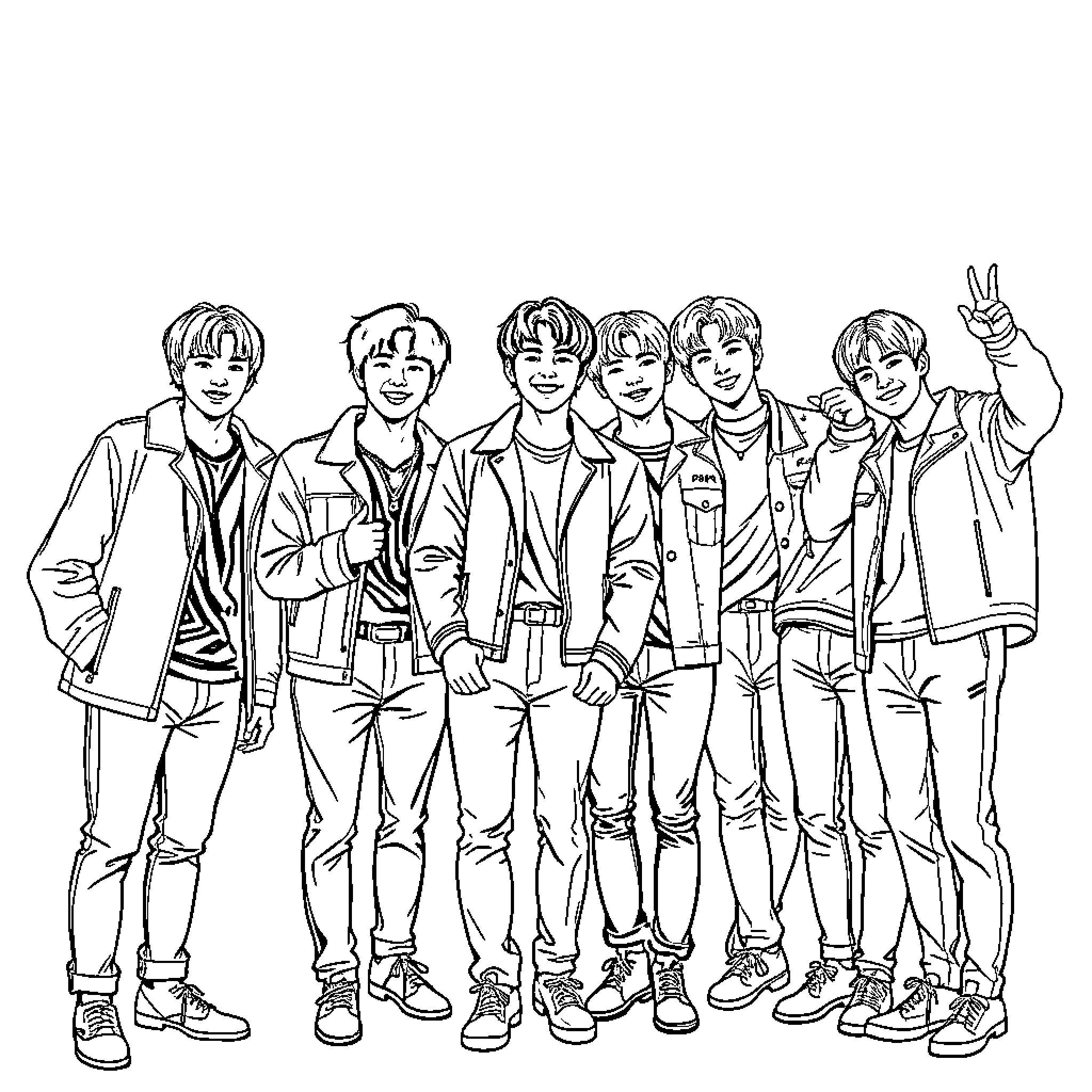BTS Members in Casual Outfits Posing Together Coloring Page (free black-and-white line drawing printable PDF for all, from beginners to advanced learners, including children, teens, adults, and seniors)