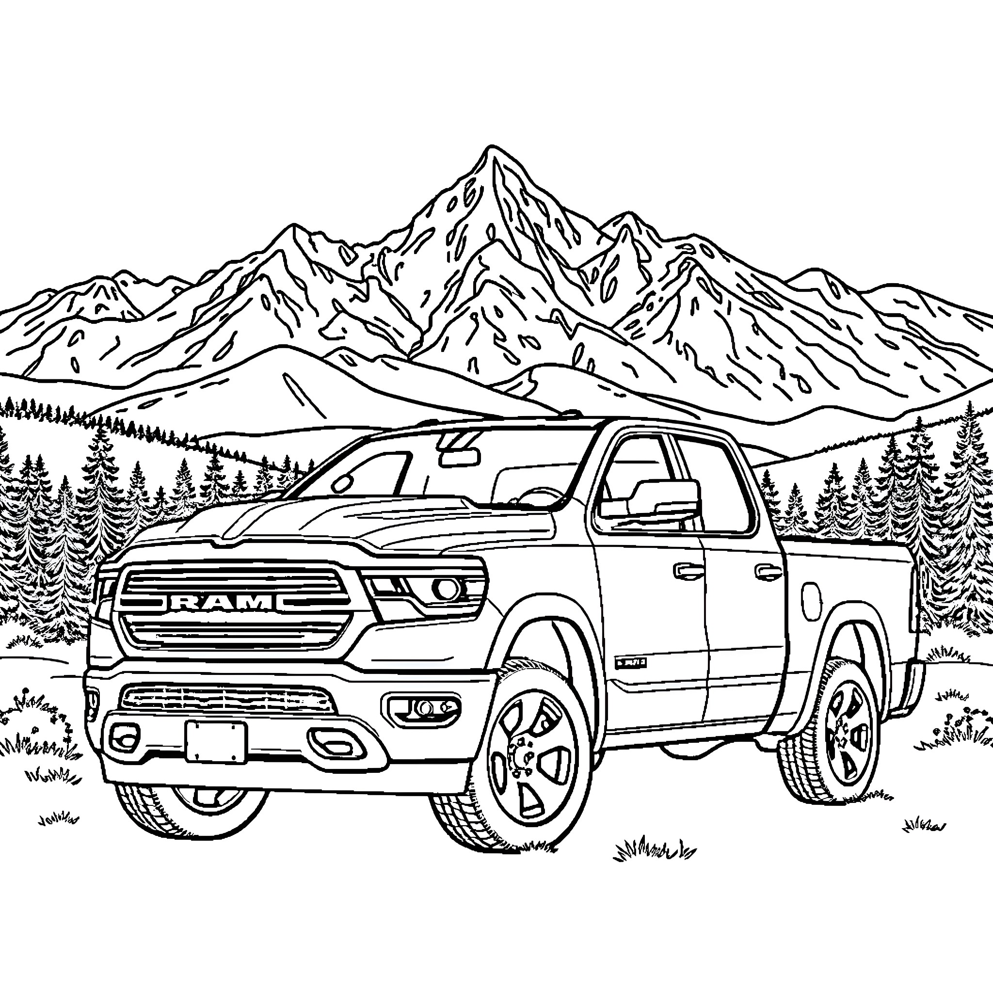 Ram truck traversing scenic mountain landscape Coloring Page (free black-and-white line drawing printable PDF for all, from beginners to advanced learners, including children, teens, adults, and seniors)