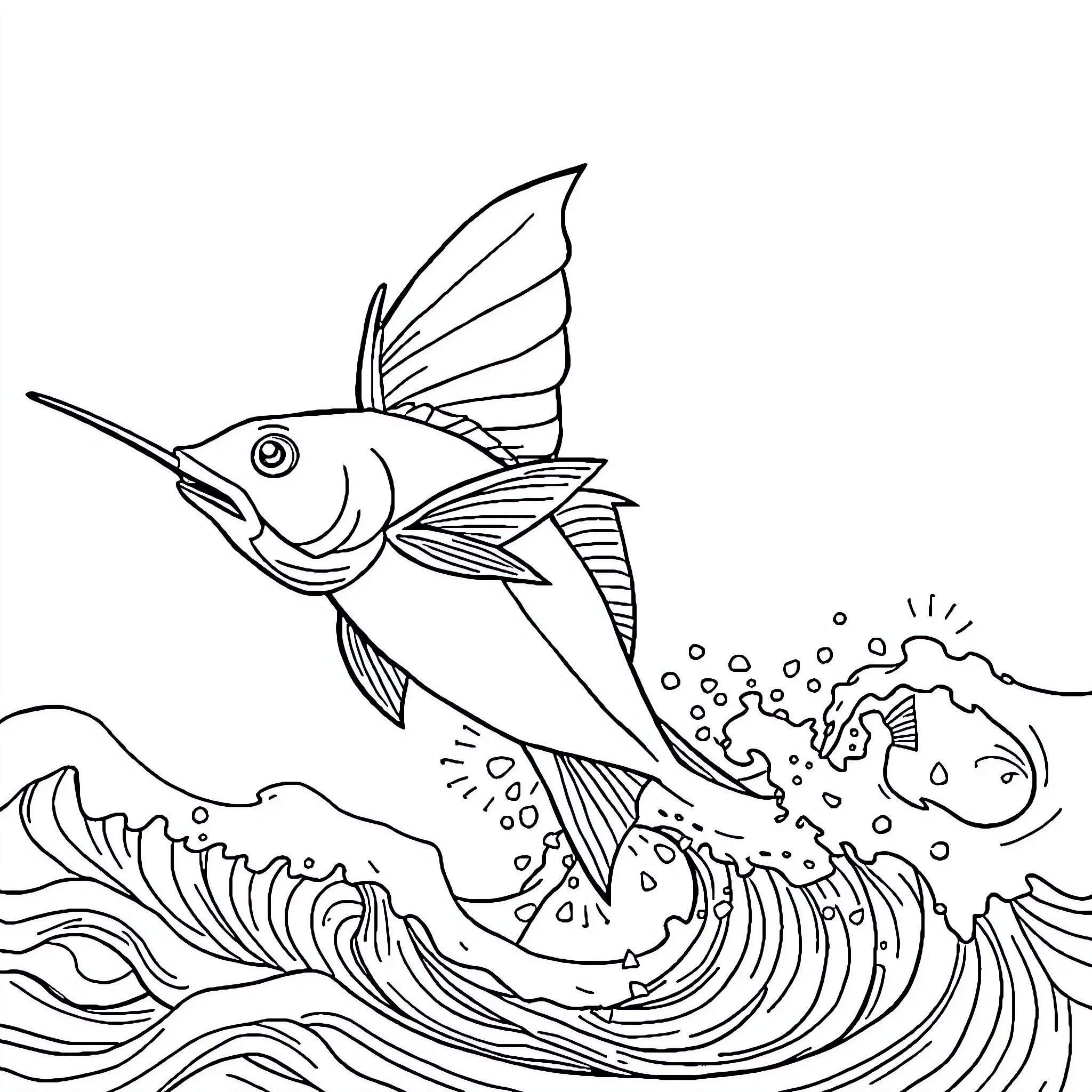 Flying Fish Leaping Over Waves Coloring Page (free black-and-white line drawing printable PDF for all, from beginners to advanced learners, including children, teens, adults, and seniors)
