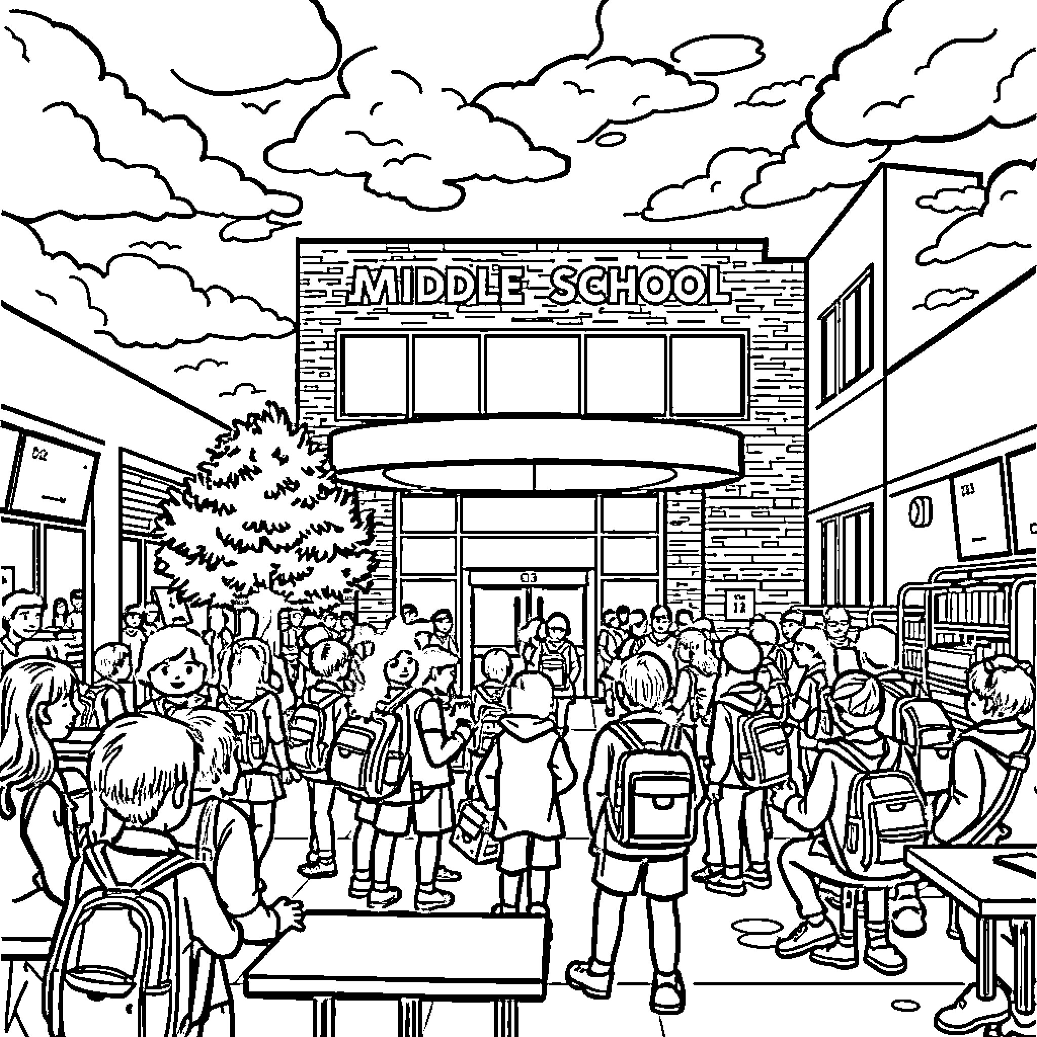 Jackson Mo Middle School Busy Day with Students Coloring Page (free black-and-white line drawing printable PDF for all, from beginners to advanced learners, including children, teens, adults, and seniors)