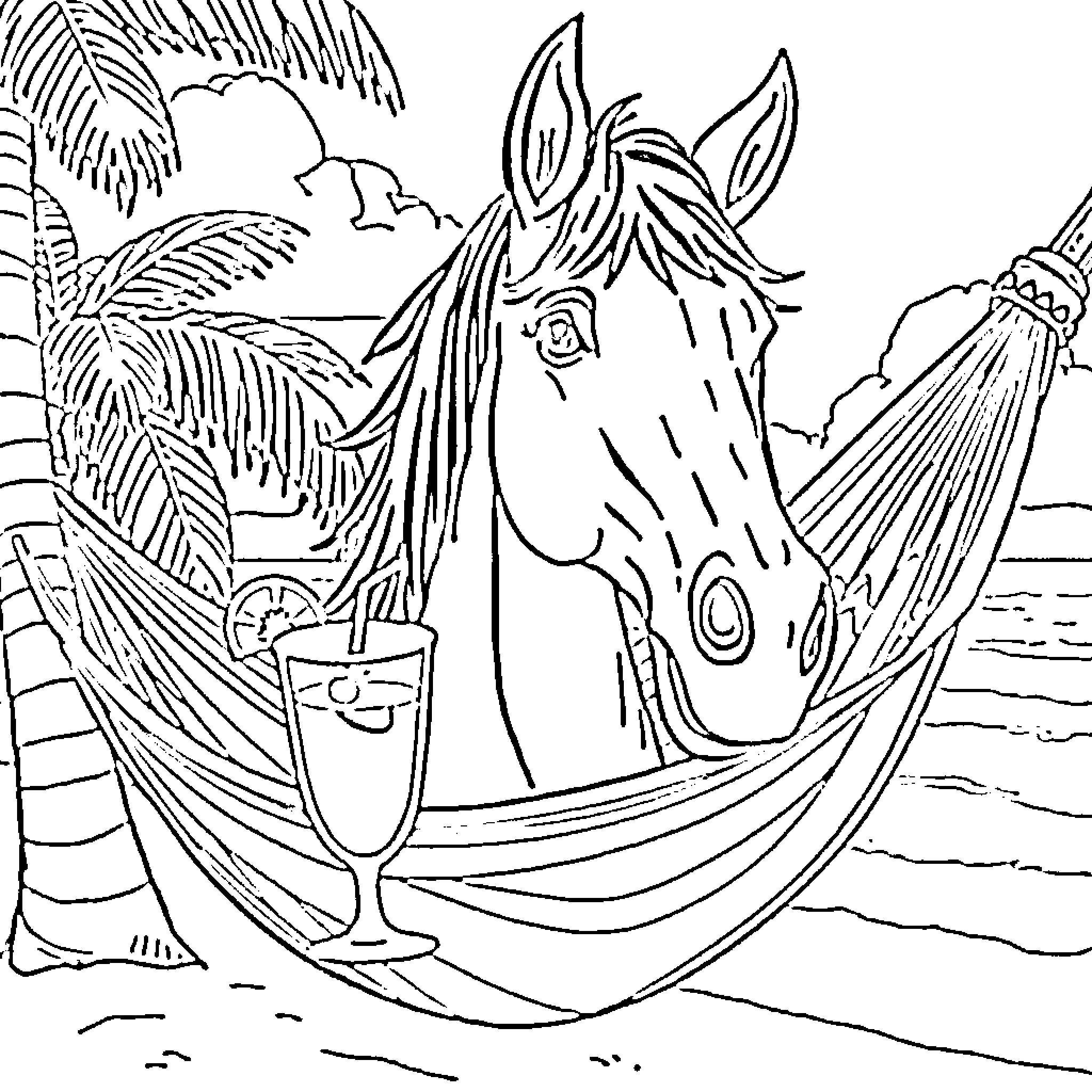 Horse relaxing in a hammock on a tropical beach Coloring Page (free black-and-white line drawing printable PDF for all, from beginners to advanced learners, including children, teens, adults, and seniors)