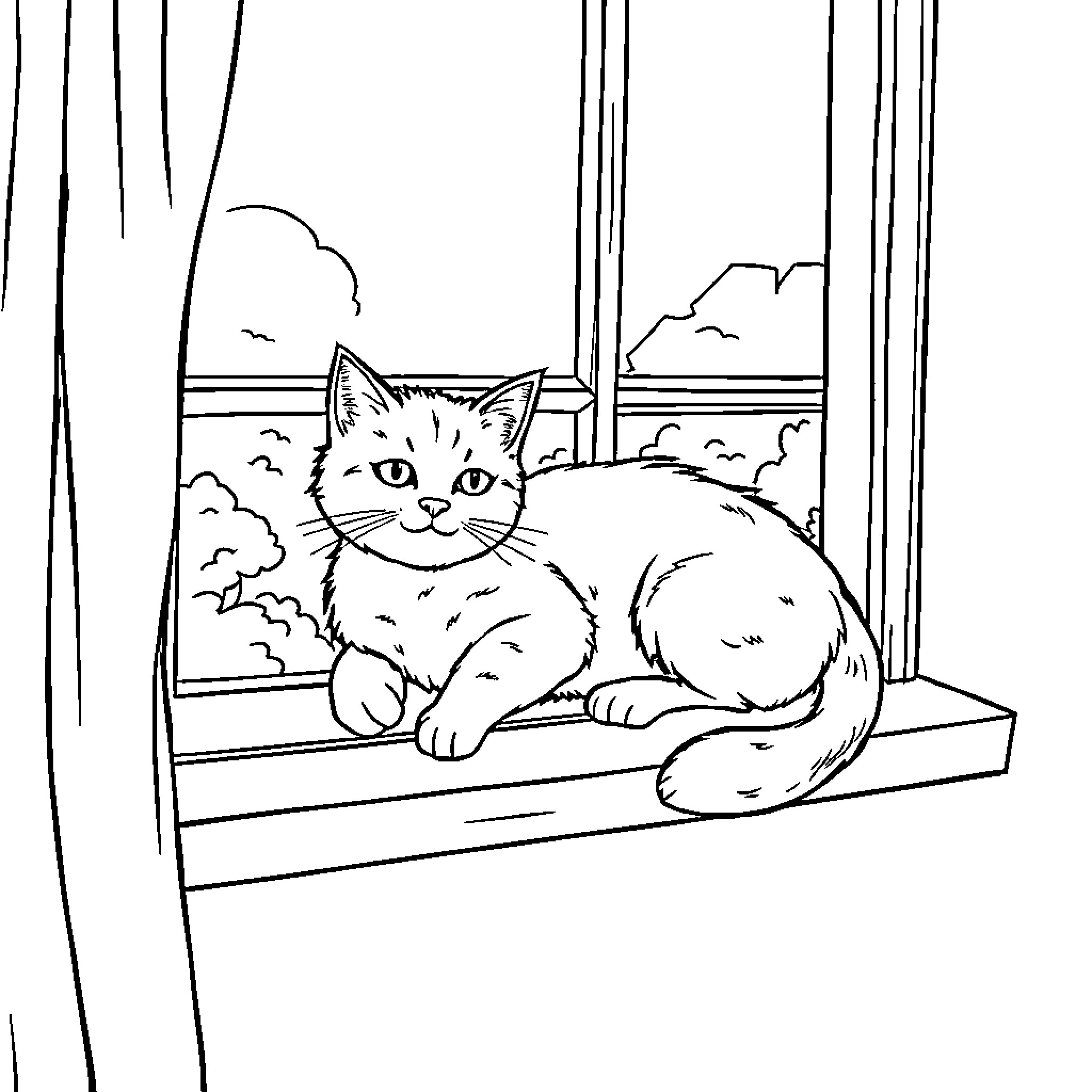 Cat relaxing on window sill Coloring Page (free black-and-white line drawing printable PDF for all, from beginners to advanced learners, including children, teens, adults, and seniors)