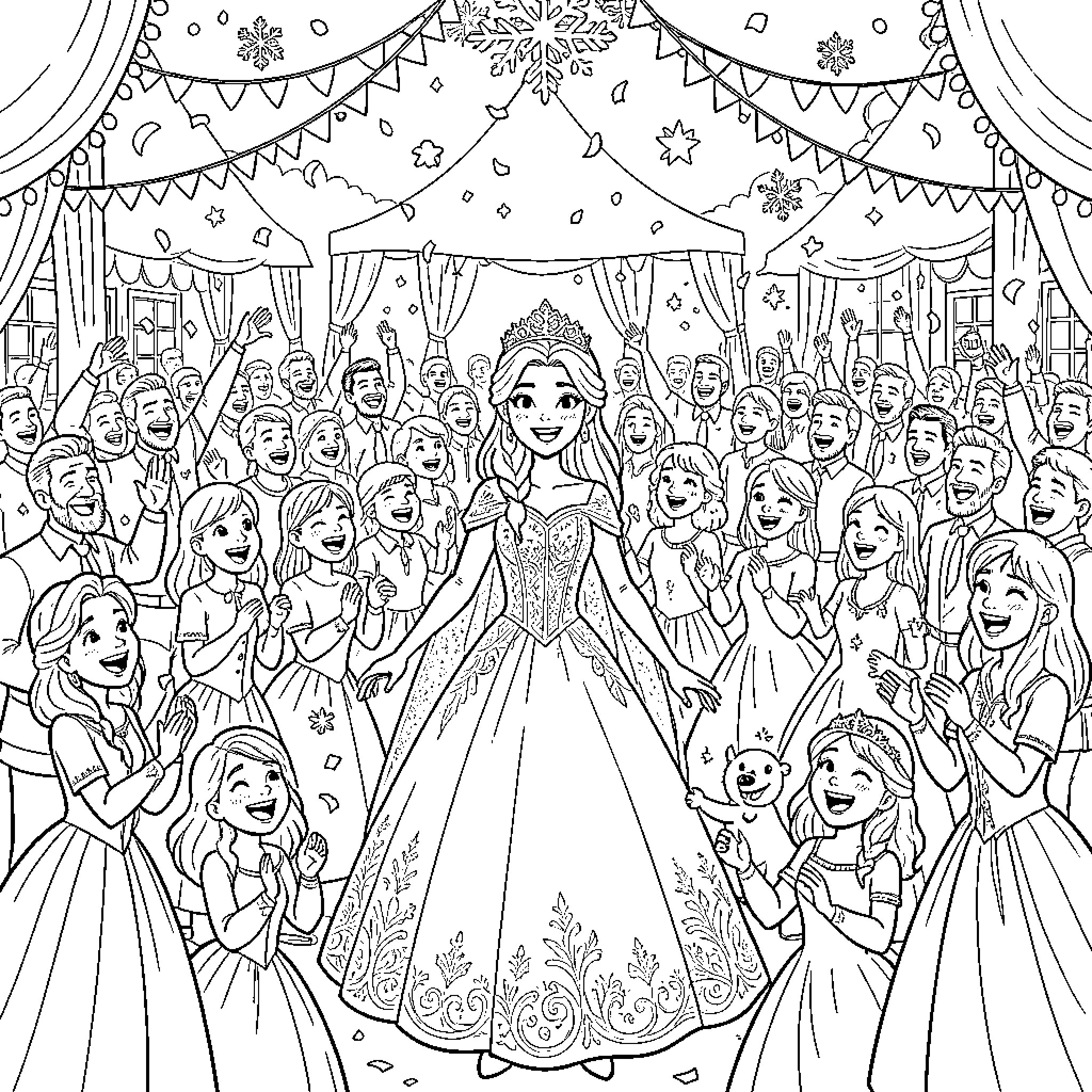 Reine smiling while celebrating with a joyful crowd Coloring Page (free black-and-white line drawing printable PDF for all, from beginners to advanced learners, including children, teens, adults, and seniors)