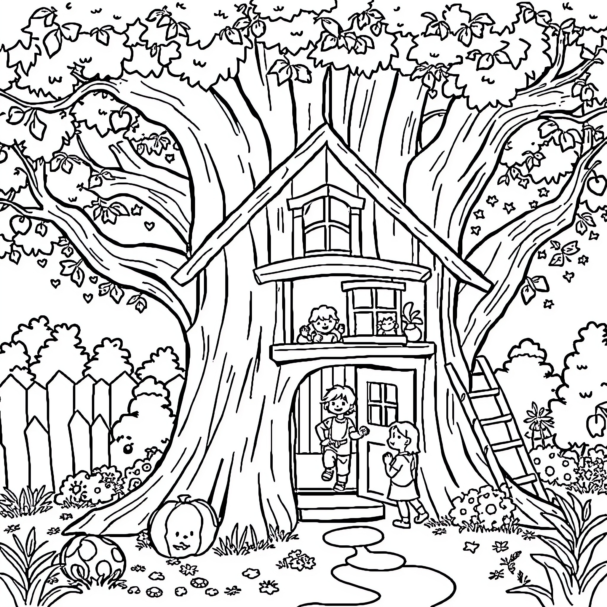 Tree House with Children Playing in the Forest Coloring Page (free black-and-white line drawing printable PDF for all, from beginners to advanced learners, including children, teens, adults, and seniors)