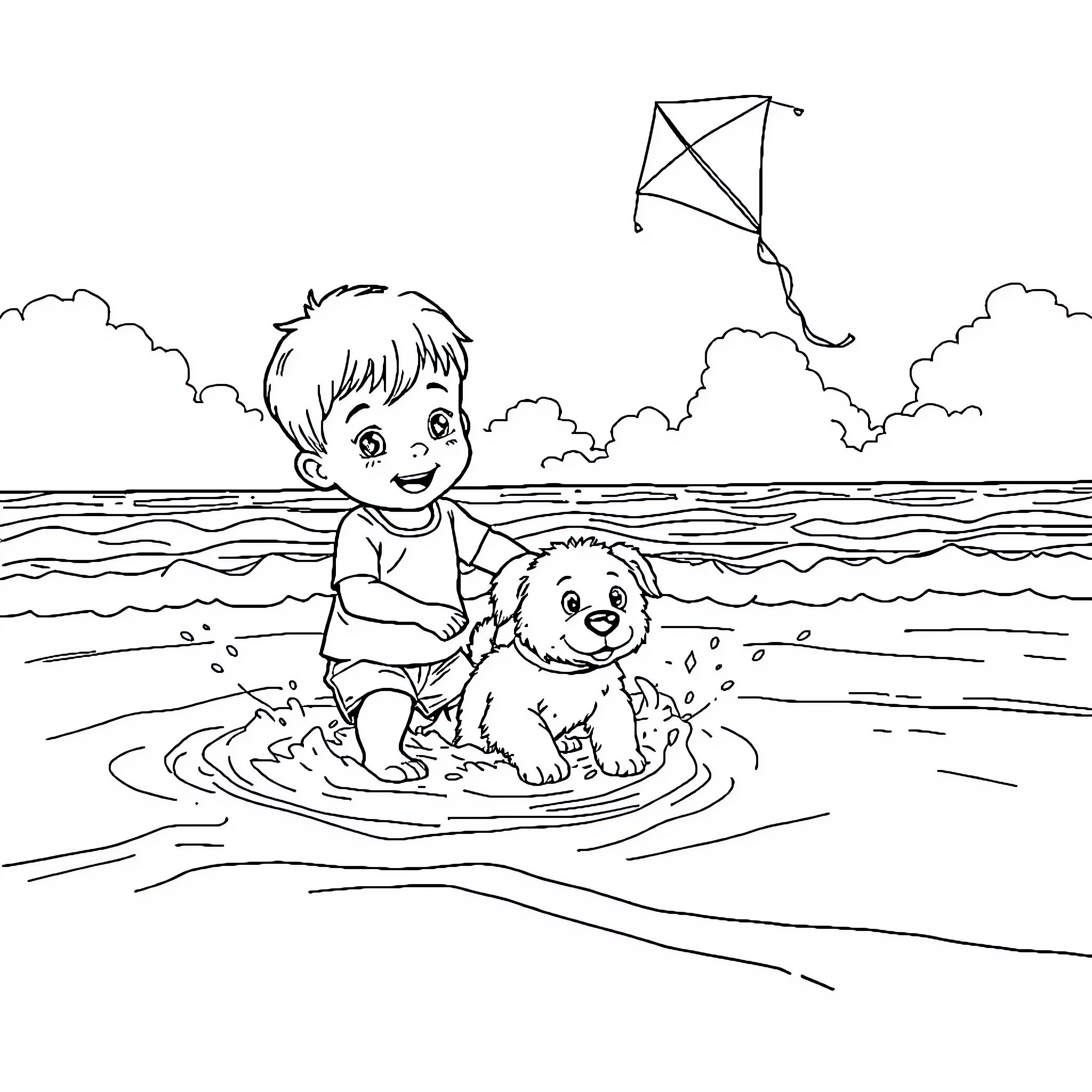 Boy playing with puppy at the beach Coloring Page (free black-and-white line drawing printable PDF for all, from beginners to advanced learners, including children, teens, adults, and seniors)