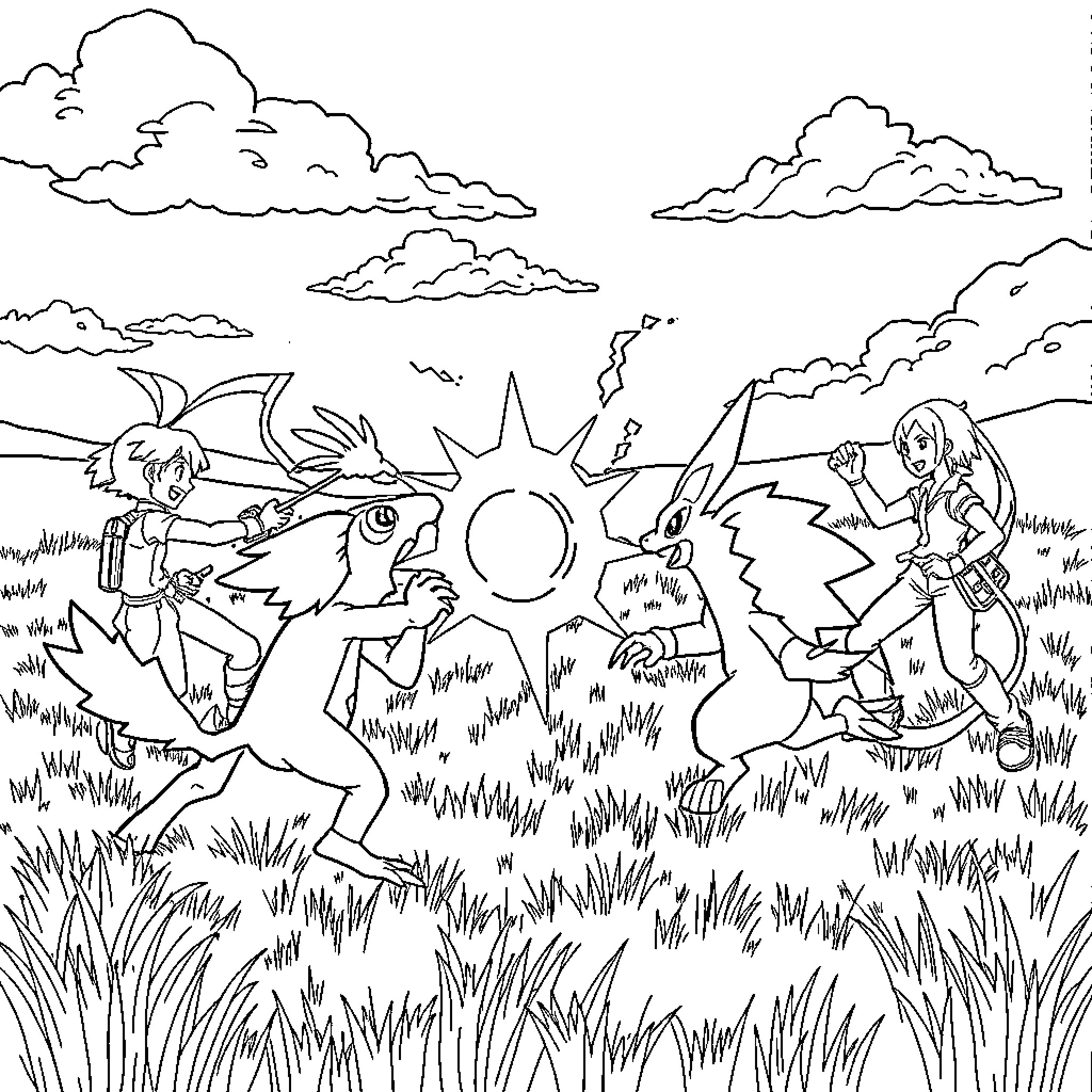 Pokémon Trainers Battling with Their Creatures in the Wild Coloring Page (free black-and-white line drawing printable PDF for all, from beginners to advanced learners, including children, teens, adults, and seniors)