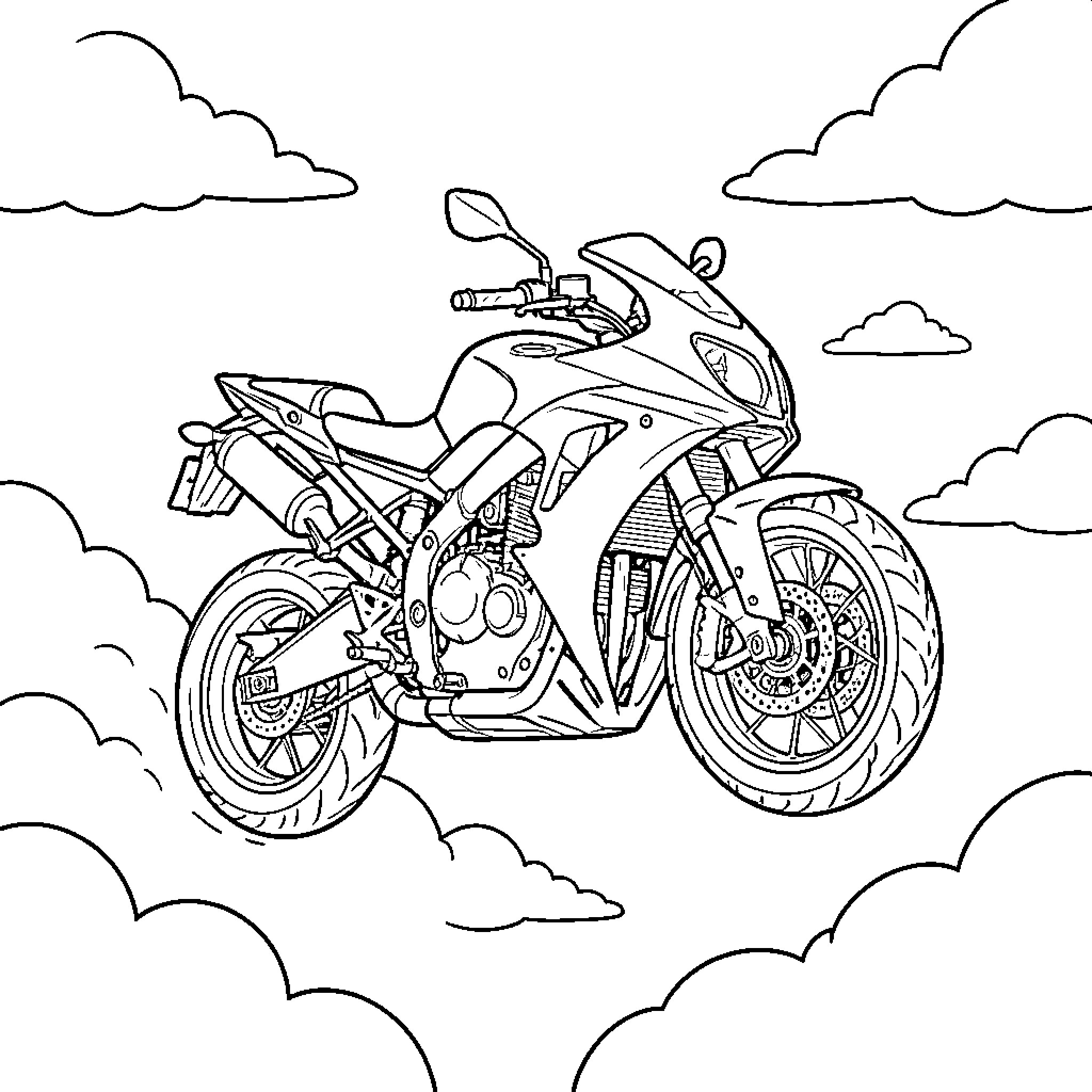 Flying Moto soaring through a sky of clouds Coloring Page (free black-and-white line drawing printable PDF for all, from beginners to advanced learners, including children, teens, adults, and seniors)