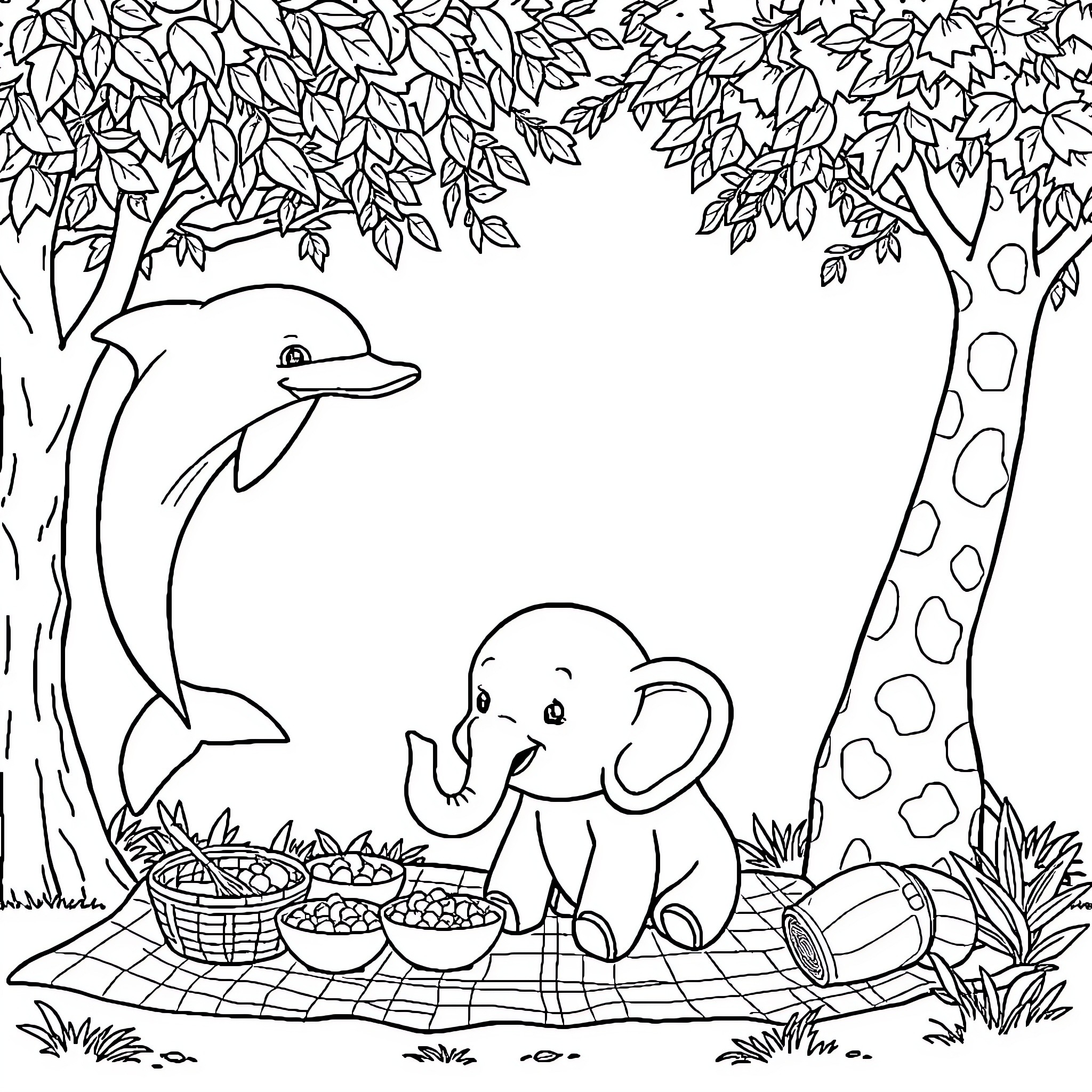 Dolphin and Elephant Enjoying a Picnic in the Forest Coloring Page (free black-and-white line drawing printable PDF for all, from beginners to advanced learners, including children, teens, adults, and seniors)
