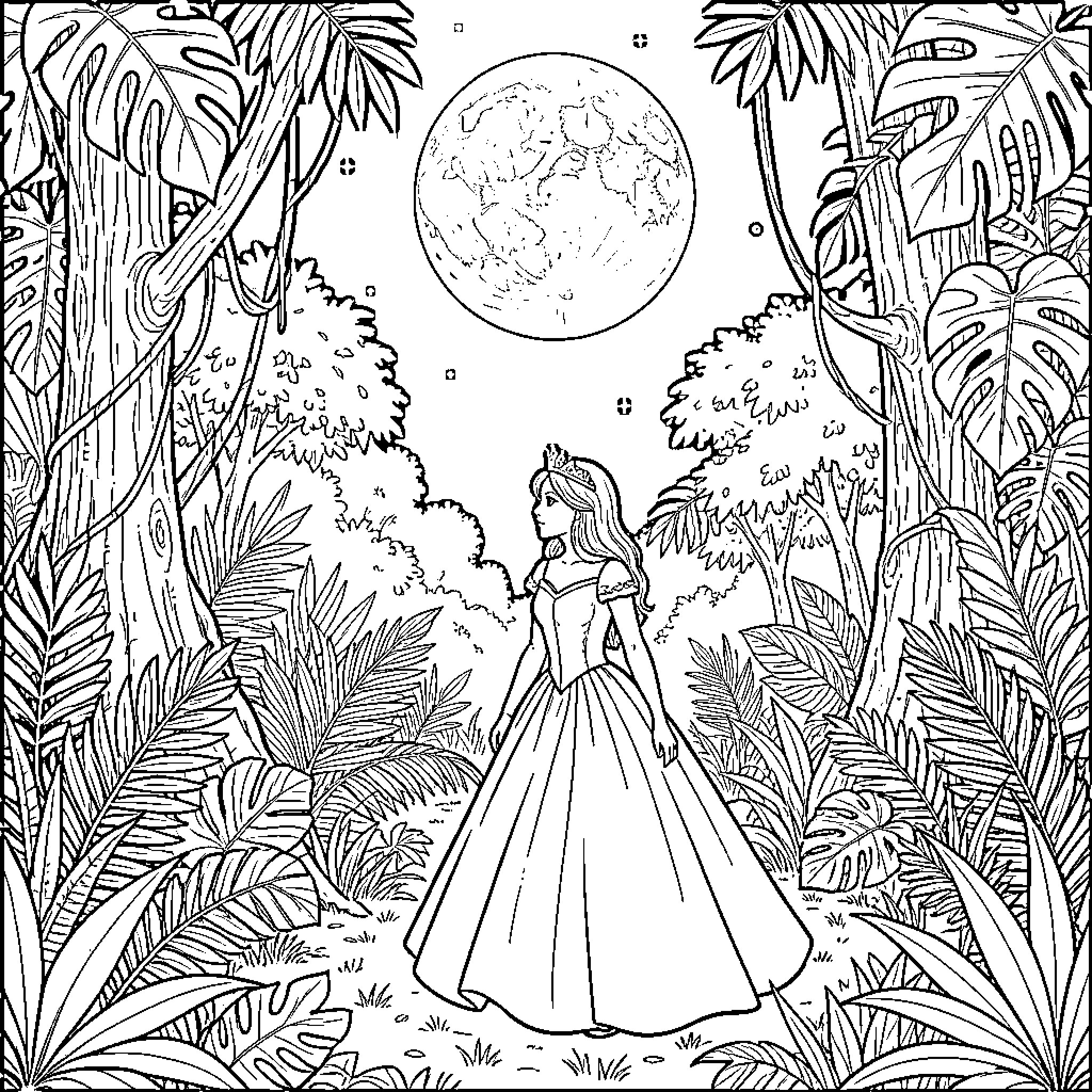 Princess standing peacefully under a large full moon Coloring Page (free black-and-white line drawing printable PDF for all, from beginners to advanced learners, including children, teens, adults, and seniors)