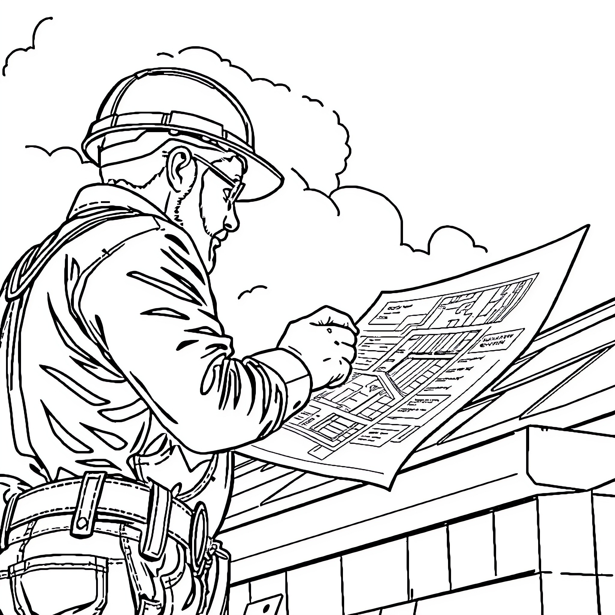 Carpenter studying blueprints on construction site Coloring Page (free black-and-white line drawing printable PDF for all, from beginners to advanced learners, including children, teens, adults, and seniors)