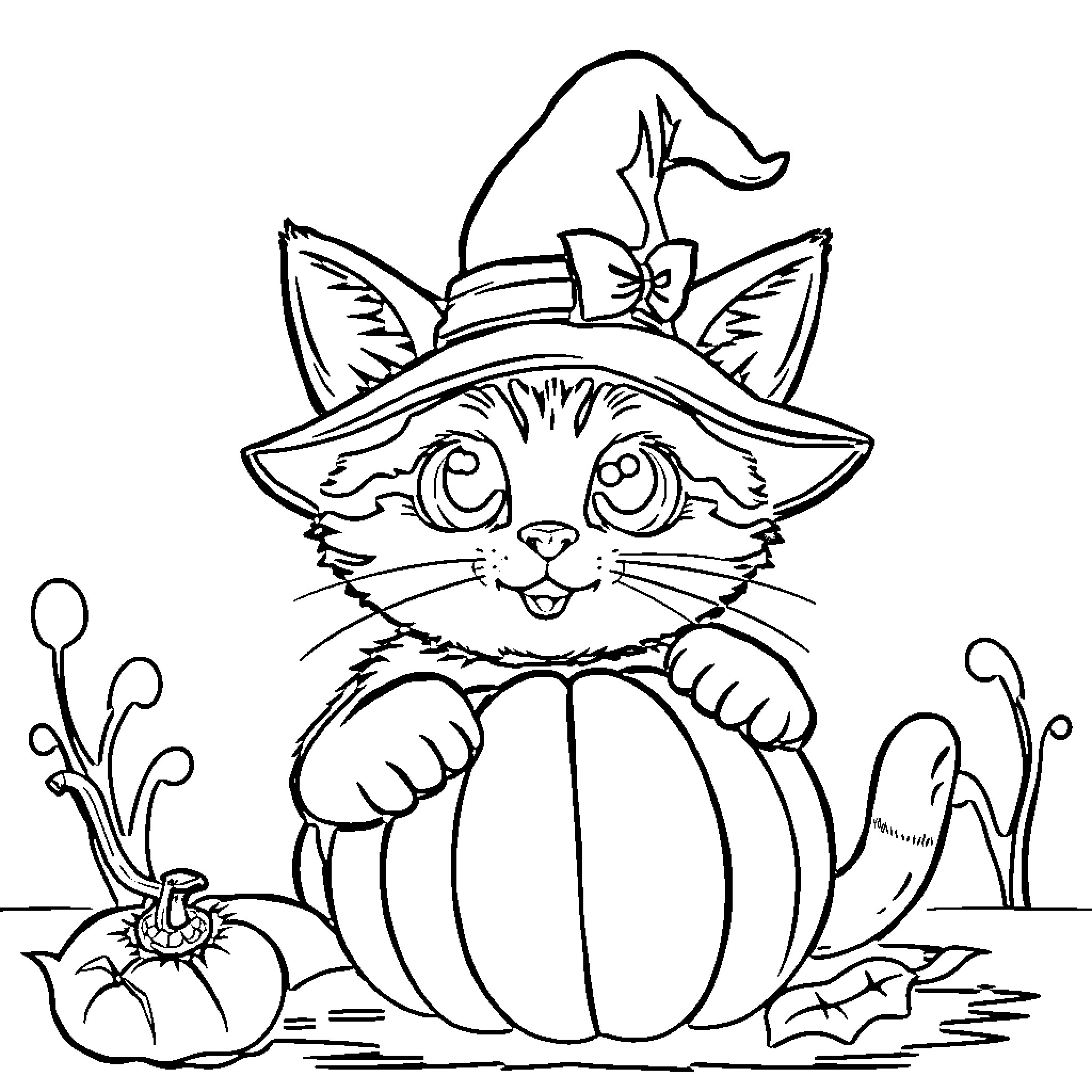 Cat wearing witchy hat near pumpkin Coloring Page (free black-and-white line drawing printable PDF for all, from beginners to advanced learners, including children, teens, adults, and seniors)