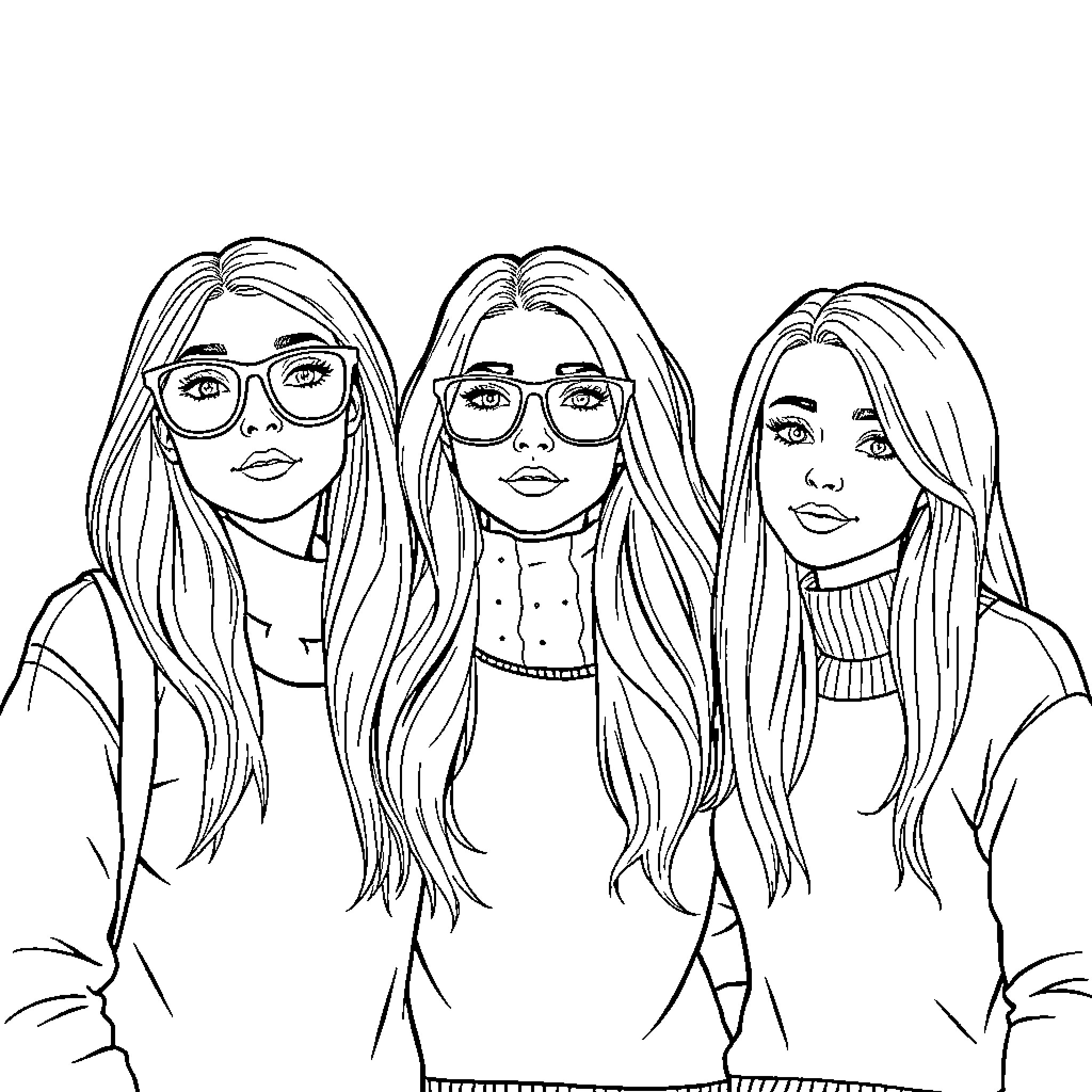Chica friends in casual outfits with glasses Coloring Page (free black-and-white line drawing printable PDF for all, from beginners to advanced learners, including children, teens, adults, and seniors)