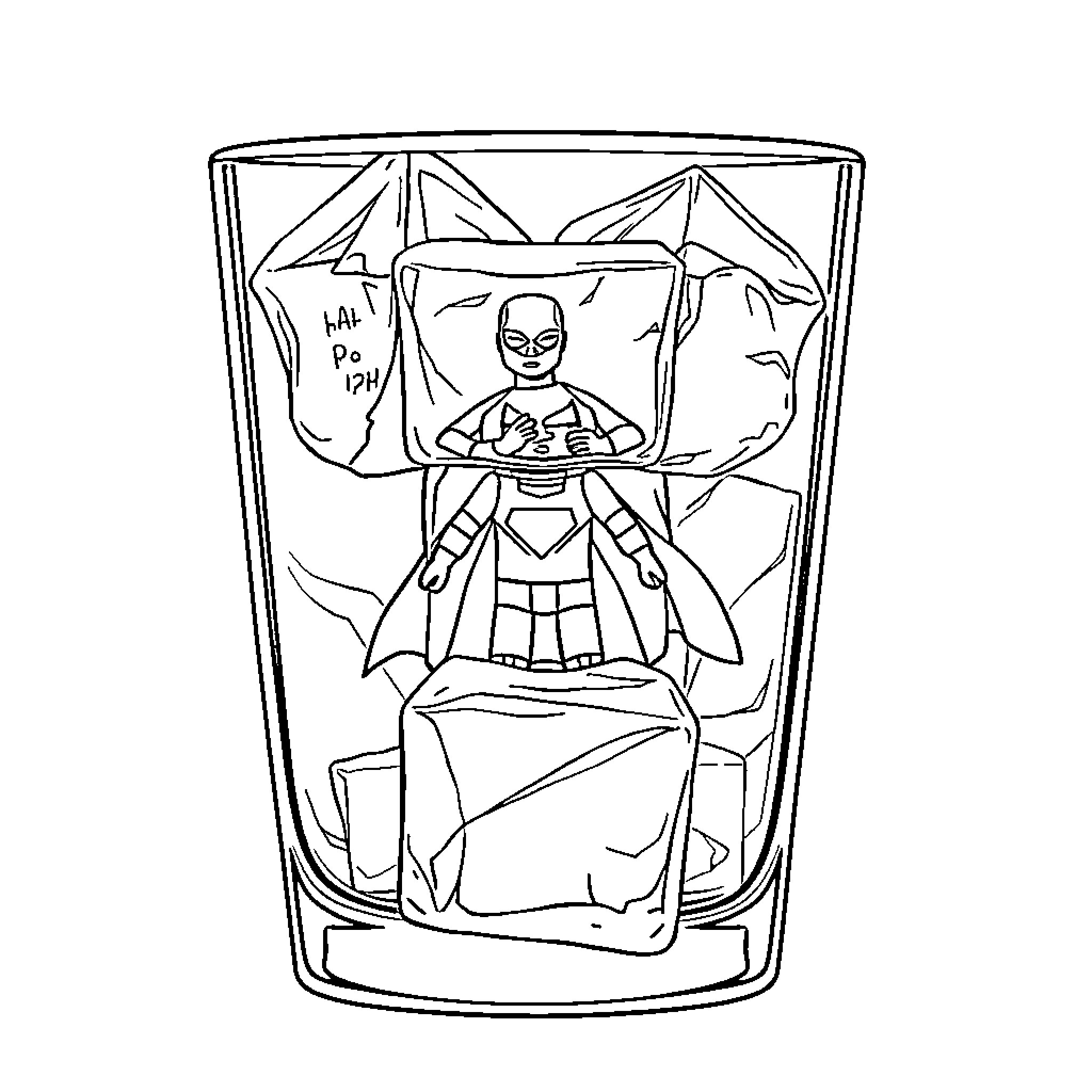 Superhero Trapped in Glass Capsule Coloring Page (free black-and-white line drawing printable PDF for all, from beginners to advanced learners, including children, teens, adults, and seniors)