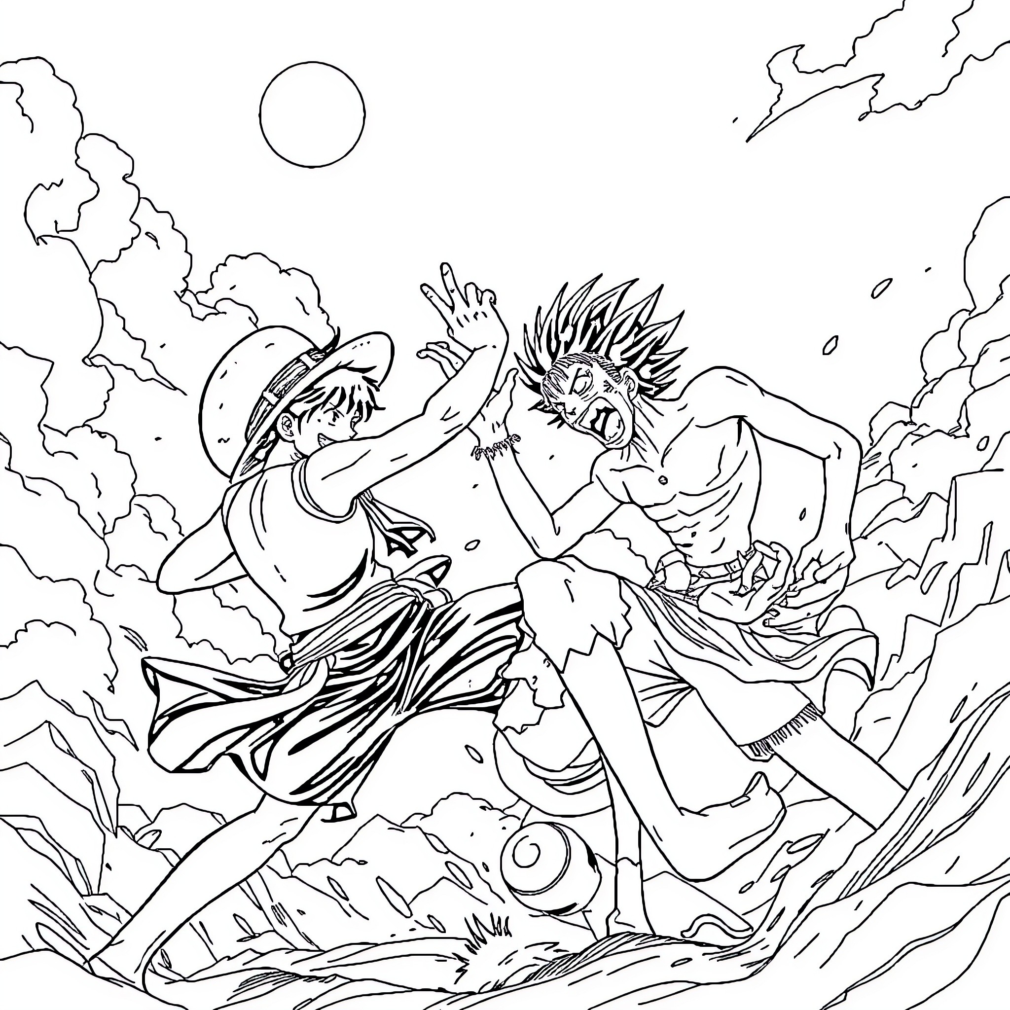 Luffy's Heroic Clash Against a Fearsome Foe Coloring Page (free black-and-white line drawing printable PDF for all, from beginners to advanced learners, including children, teens, adults, and seniors)