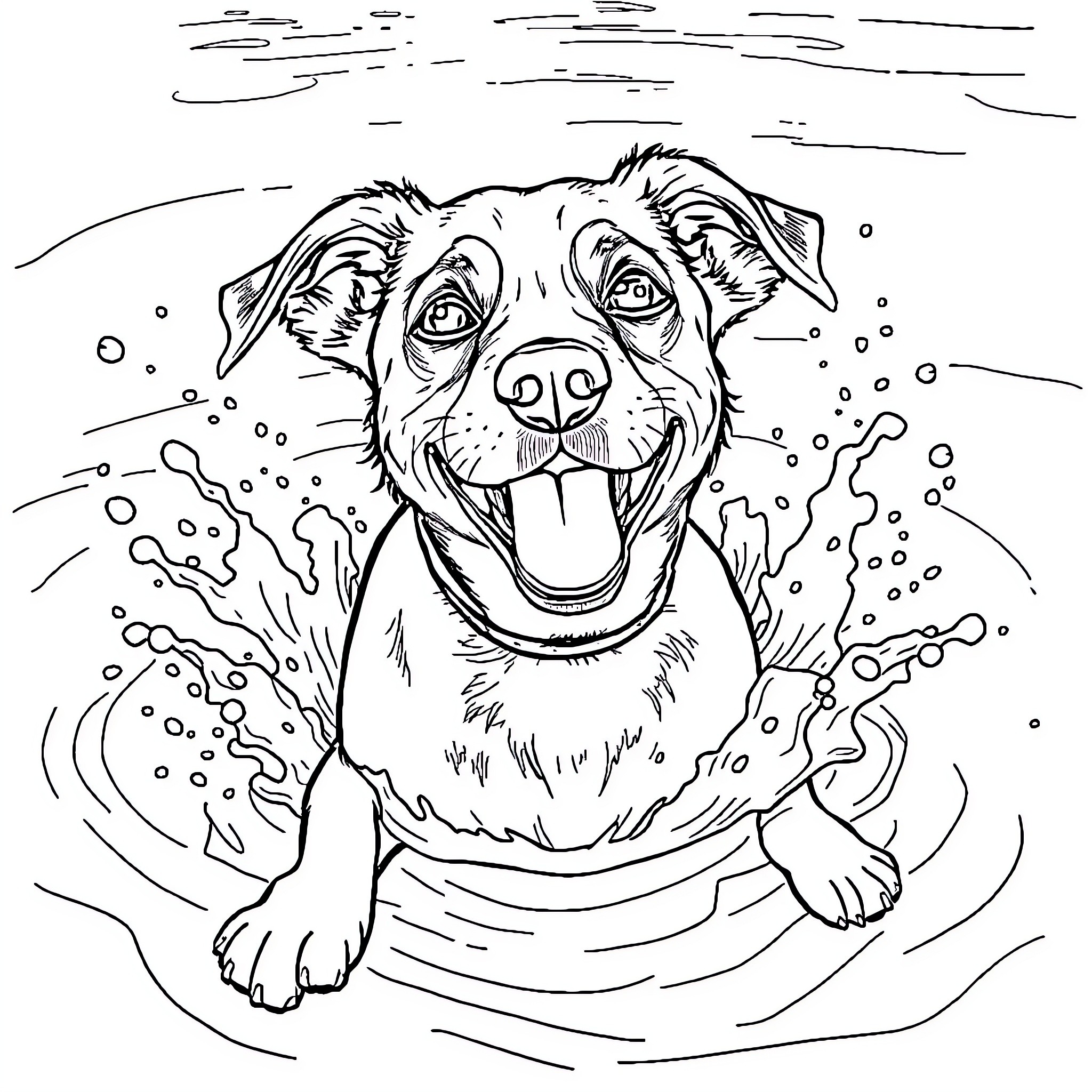 Dog Playing Happily in the Water Coloring Page (free black-and-white line drawing printable PDF for all, from beginners to advanced learners, including children, teens, adults, and seniors)