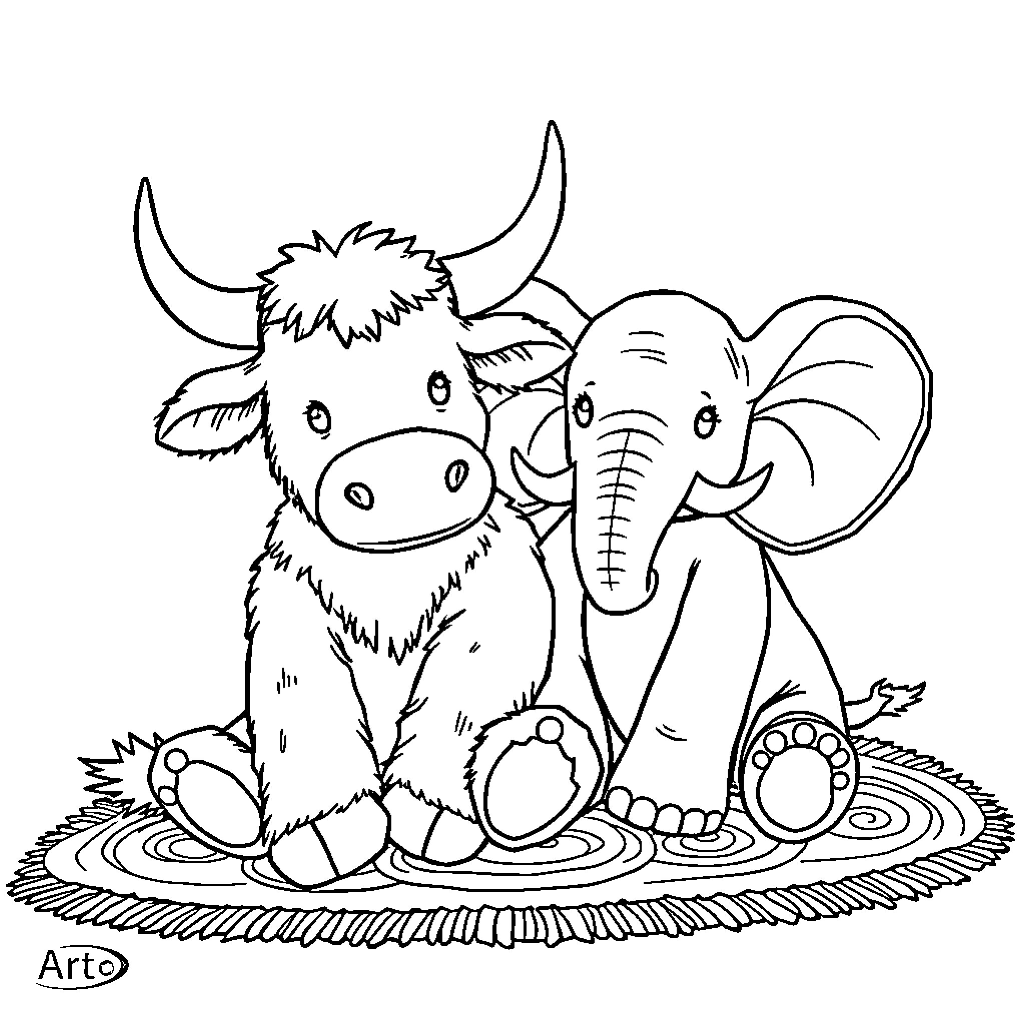 Stuffed Animal Friends Playing in the Field Coloring Page (free black-and-white line drawing printable PDF for all, from beginners to advanced learners, including children, teens, adults, and seniors)