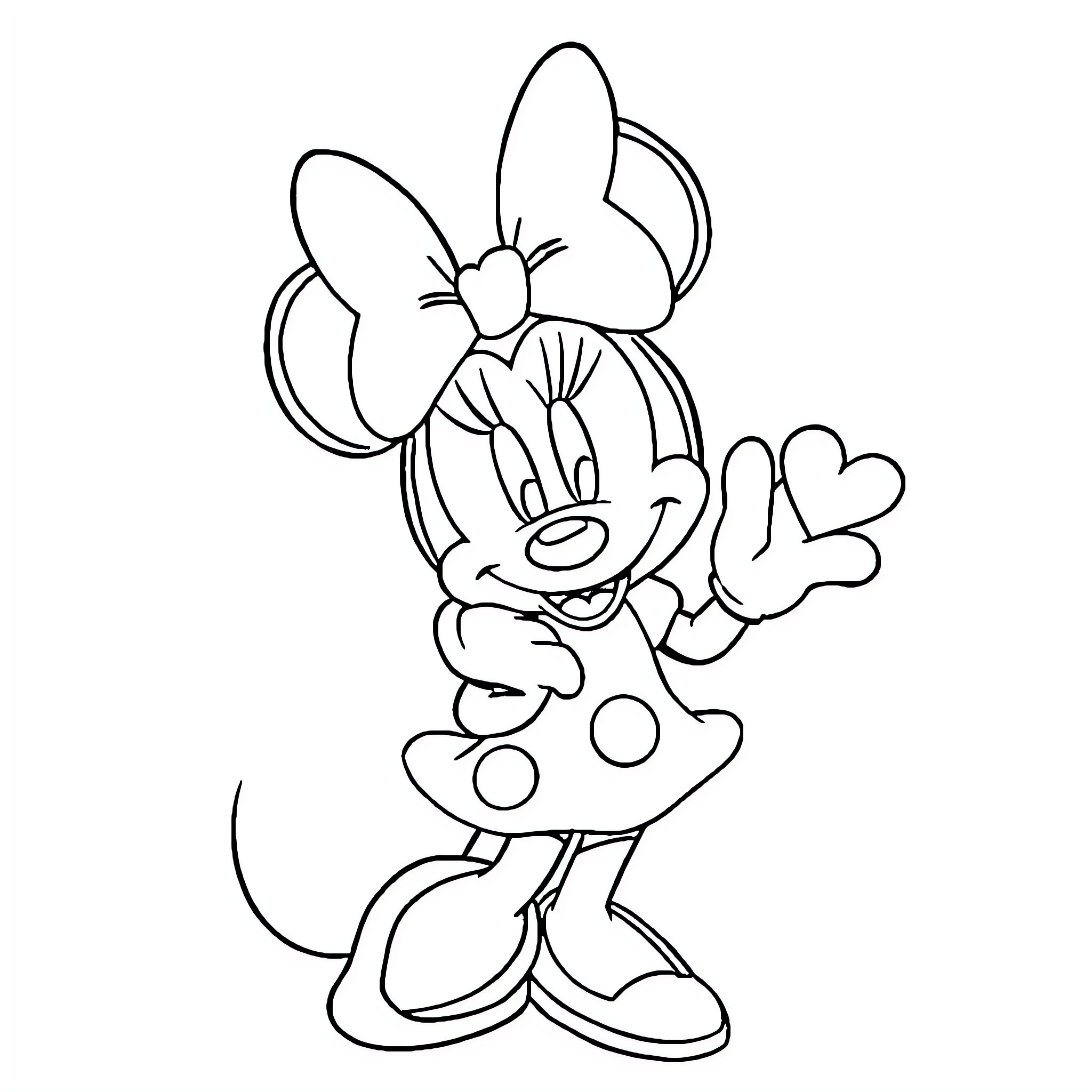 Minnie Mouse waving happily and smiling Coloring Page (free black-and-white line drawing printable PDF for all, from beginners to advanced learners, including children, teens, adults, and seniors)
