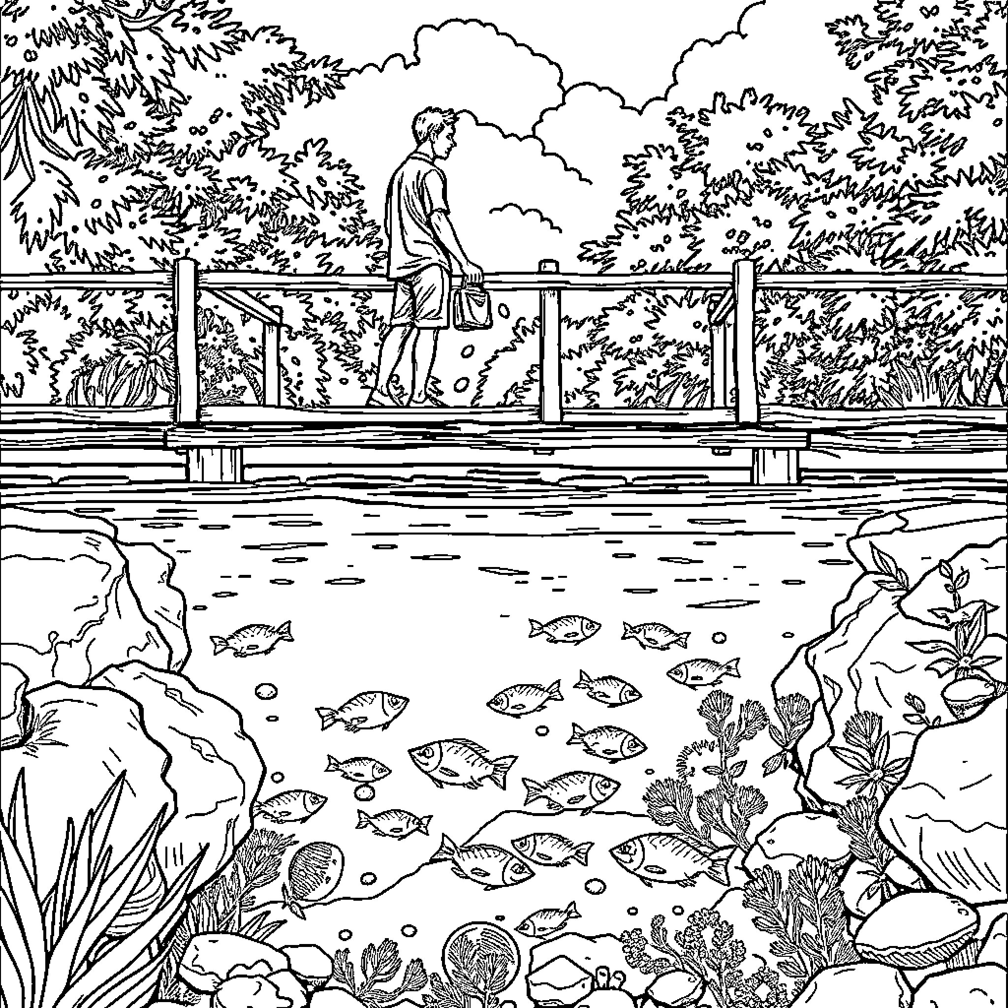 Man admiring tranquil pond and nature scenery Coloring Page (free black-and-white line drawing printable PDF for all, from beginners to advanced learners, including children, teens, adults, and seniors)