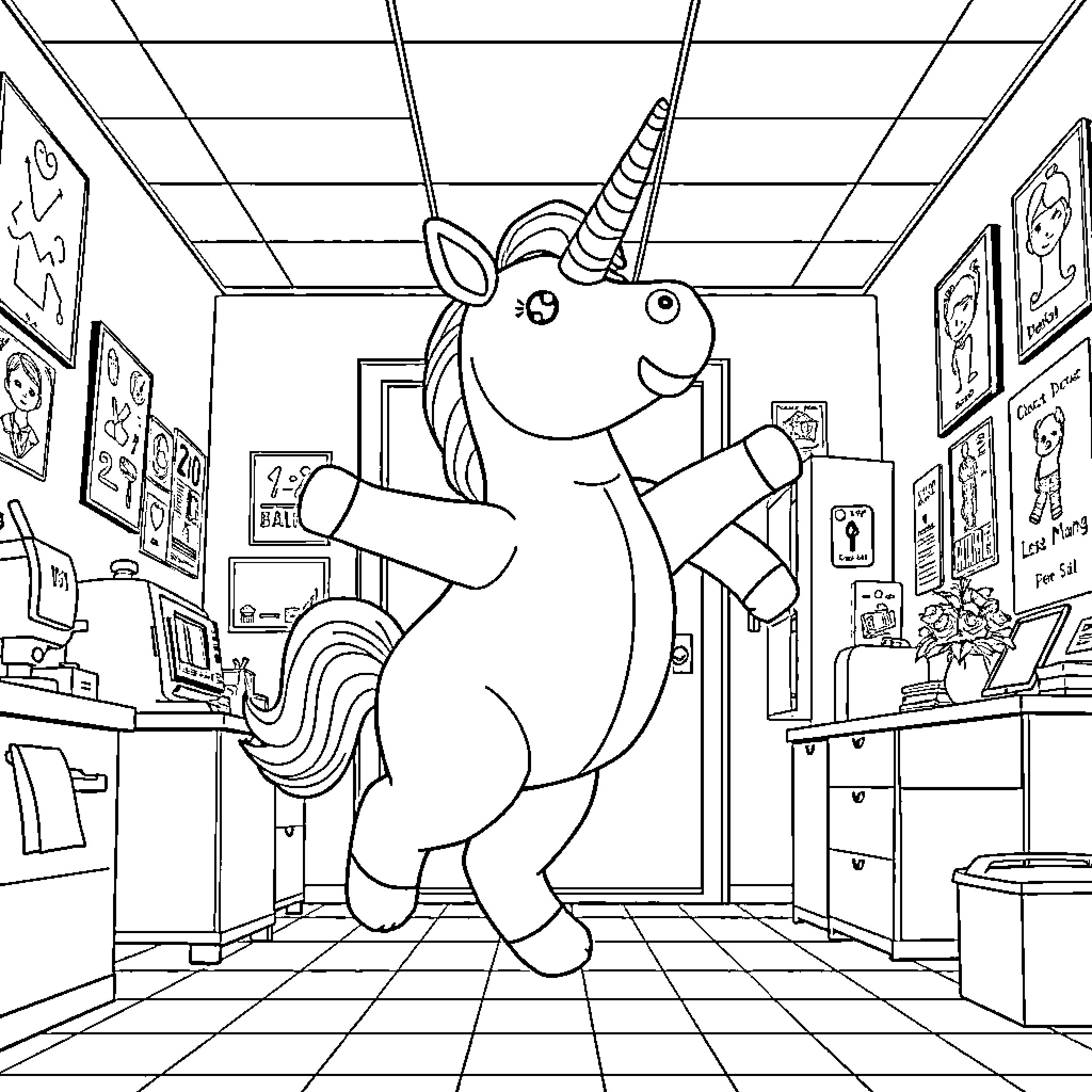 Unicorn dancing joyfully in a whimsical office space Coloring Page (free black-and-white line drawing printable PDF for all, from beginners to advanced learners, including children, teens, adults, and seniors)