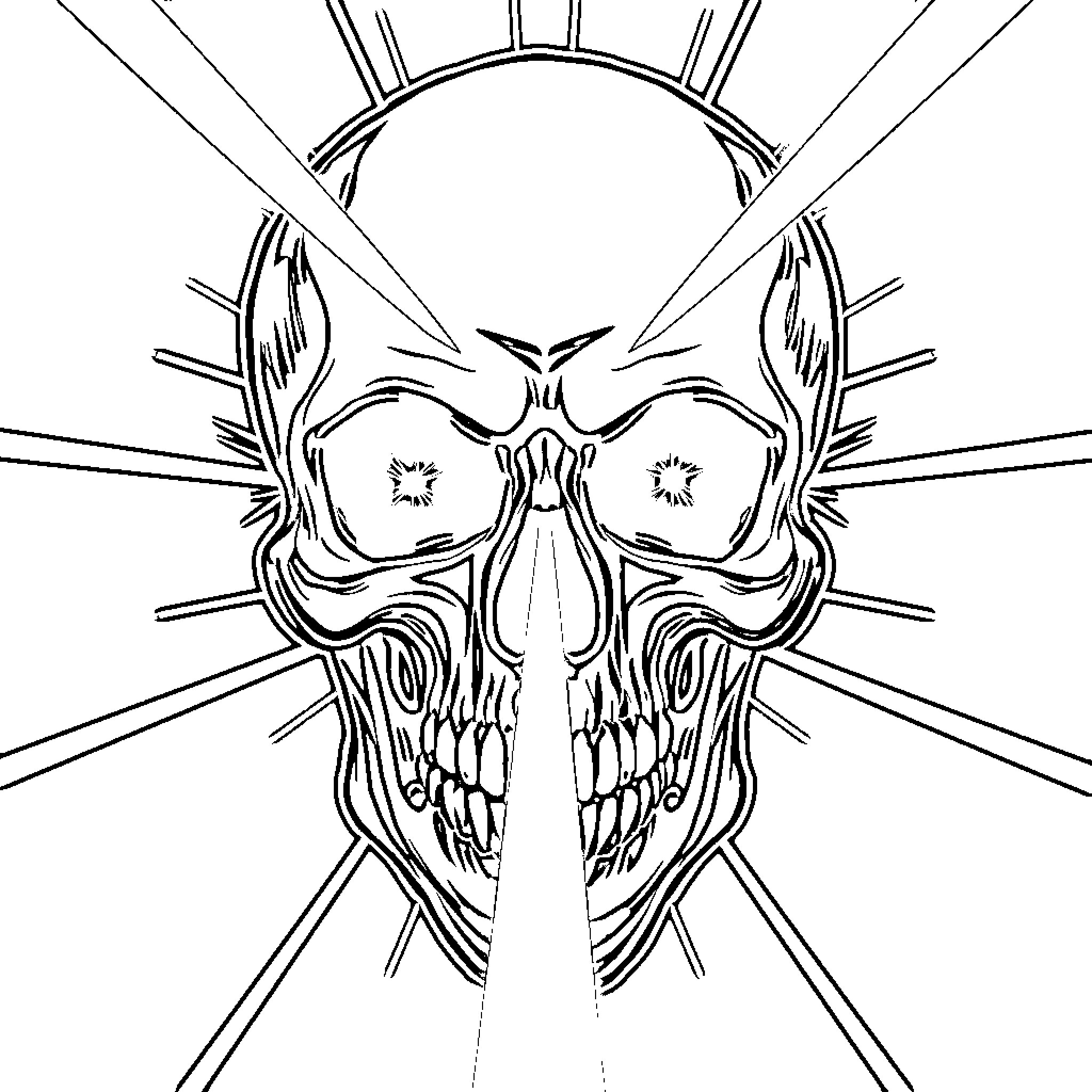 Skull with Intricate Rays and Patterns Coloring Page (free black-and-white line drawing printable PDF for all, from beginners to advanced learners, including children, teens, adults, and seniors)