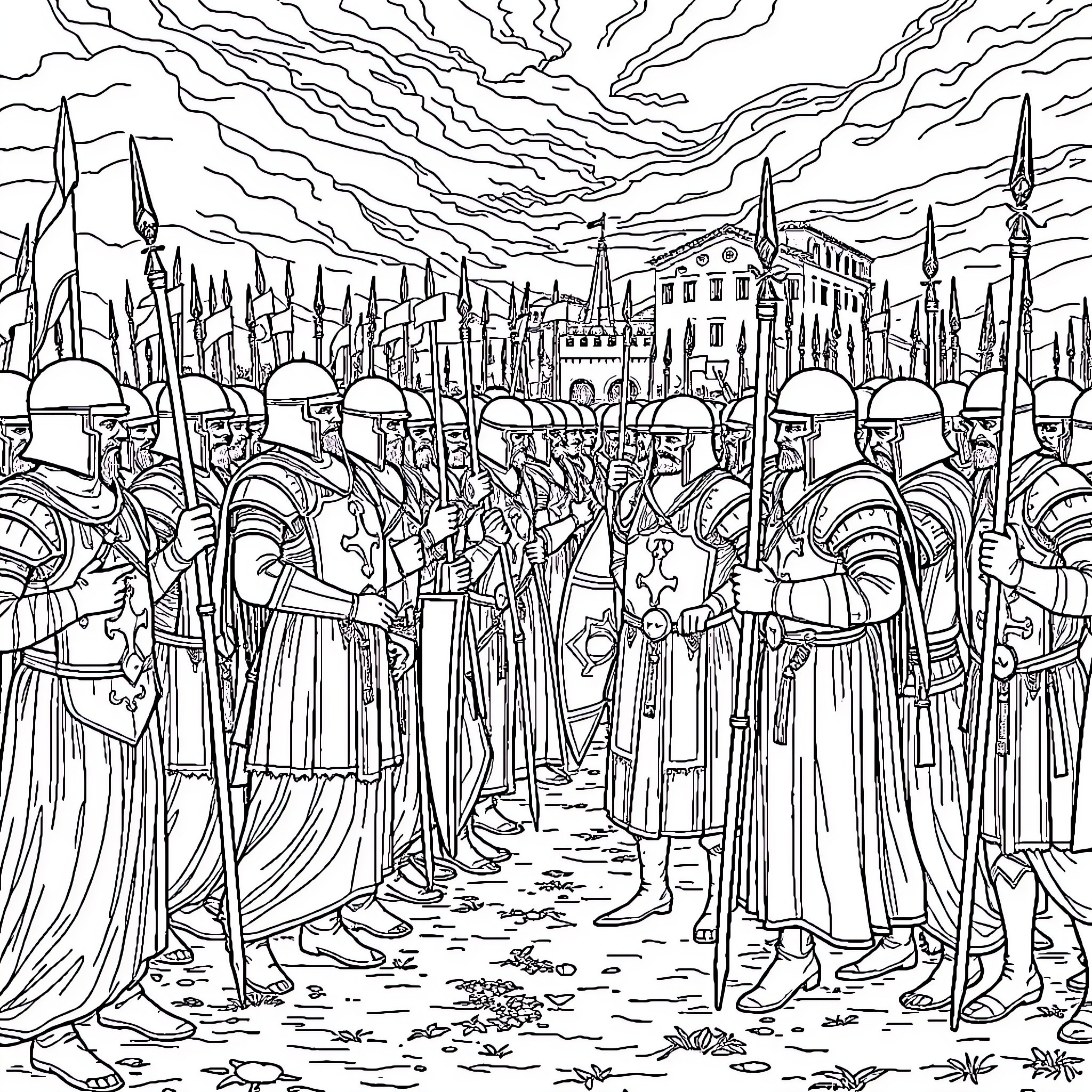 Byzantine Army Marching in Formation with Weapons and Armor Coloring Page (free black-and-white line drawing printable PDF for all, from beginners to advanced learners, including children, teens, adults, and seniors)