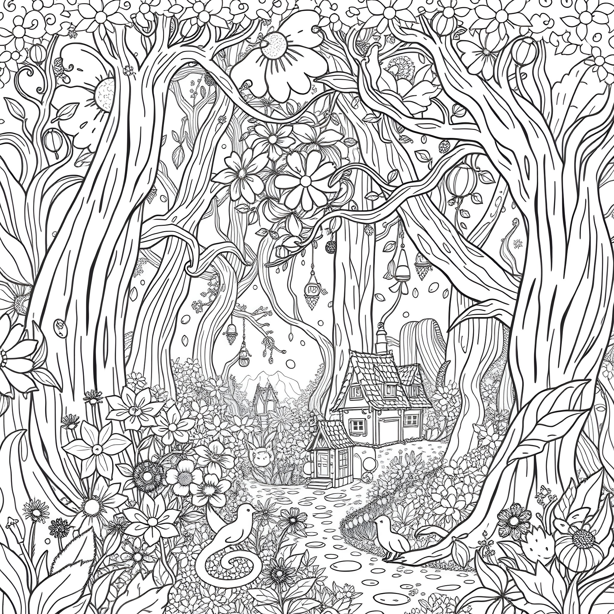 Fairy tale forest with whimsical foliage and flowers Coloring Page (free black-and-white line drawing printable PDF for all, from beginners to advanced learners, including children, teens, adults, and seniors)