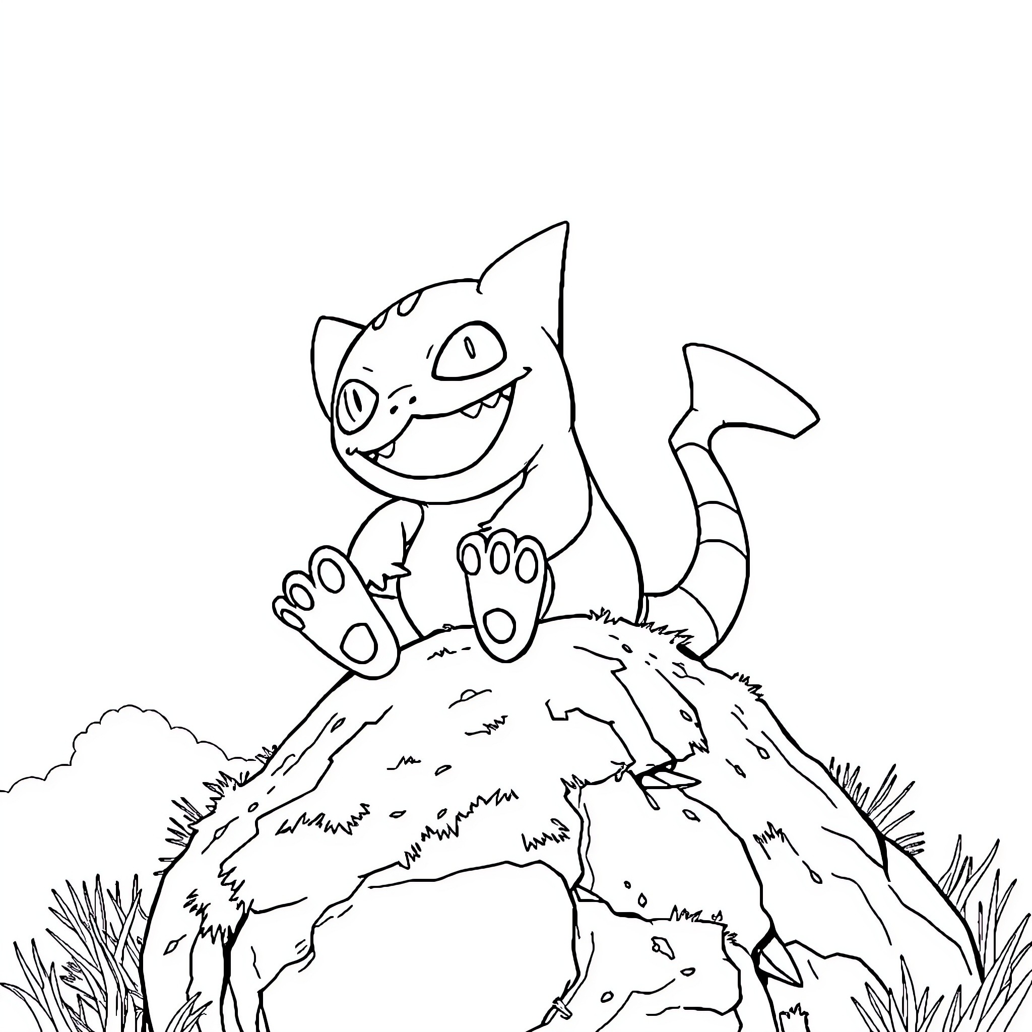 Gengar lounging happily on a grassy mound Coloring Page (free black-and-white line drawing printable PDF for all, from beginners to advanced learners, including children, teens, adults, and seniors)
