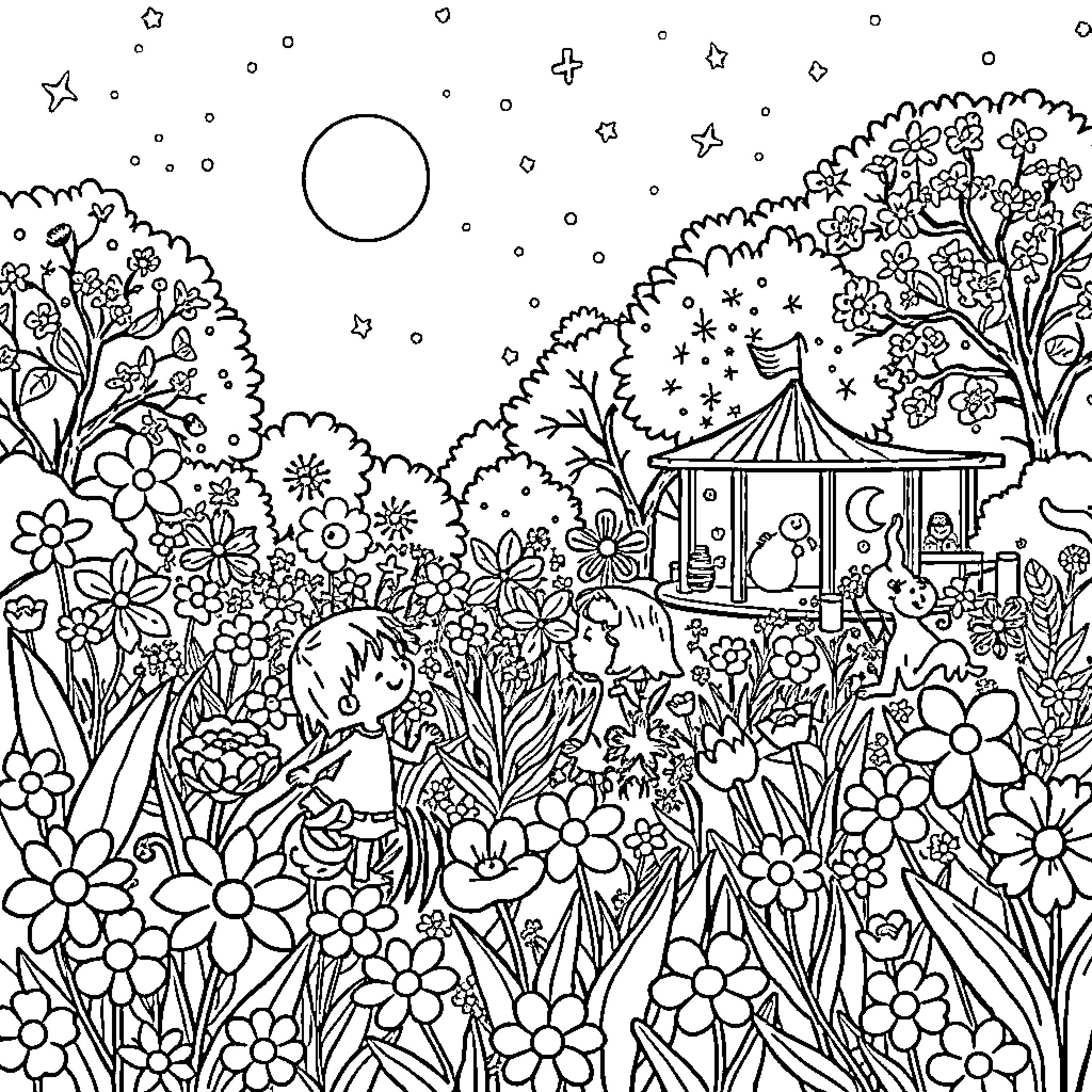 Garden filled with whimsical scenes and flourishing flora Coloring Page (free black-and-white line drawing printable PDF for all, from beginners to advanced learners, including children, teens, adults, and seniors)