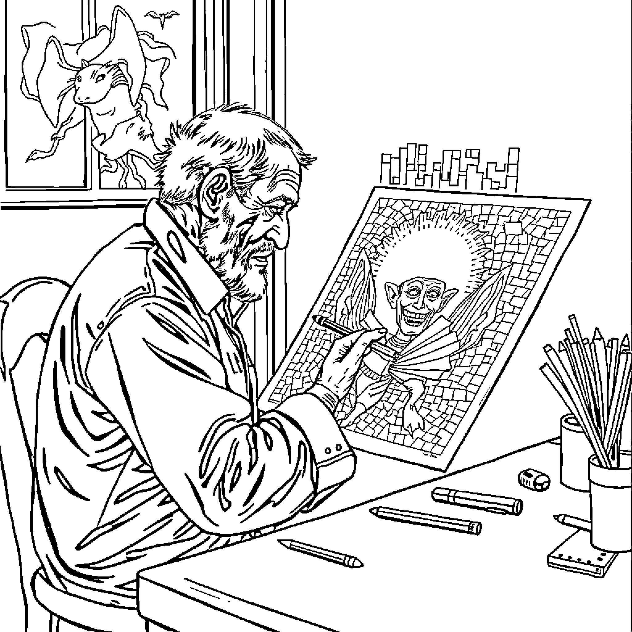 Man creating a detailed artistic illustration Coloring Page (free black-and-white line drawing printable PDF for all, from beginners to advanced learners, including children, teens, adults, and seniors)