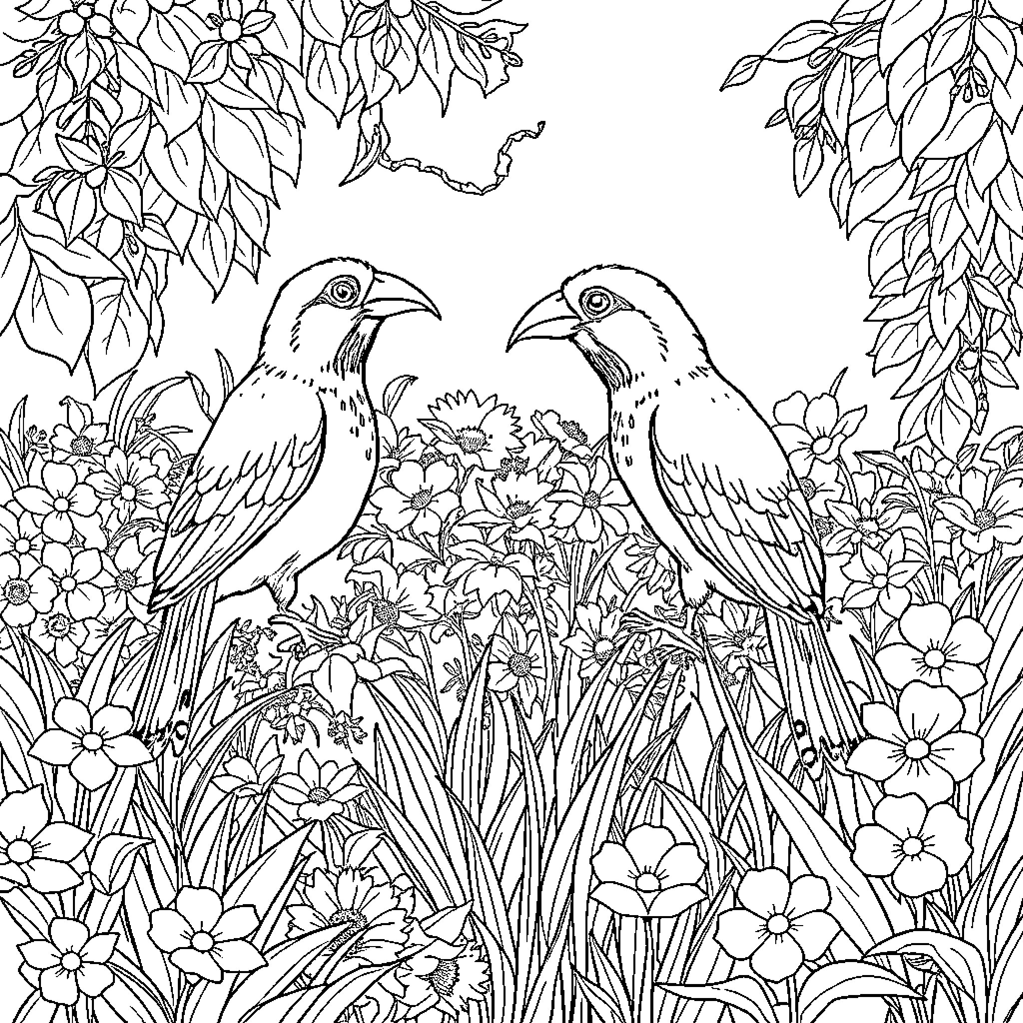 Capybara in a whimsical floral scene Coloring Page (free black-and-white line drawing printable PDF for all, from beginners to advanced learners, including children, teens, adults, and seniors)