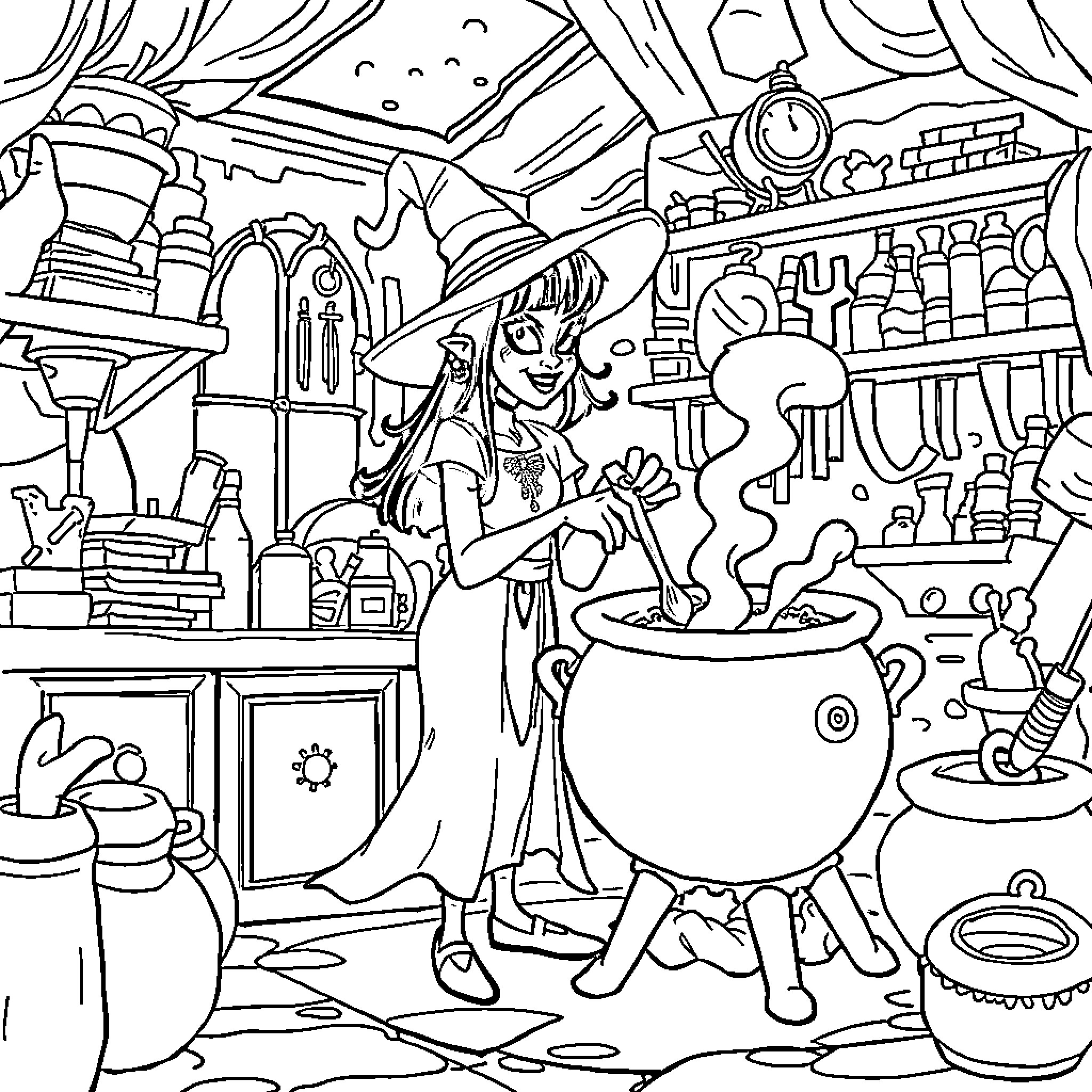 Yzma's Magical Mishaps in the Enchanted Lair Coloring Page (free black-and-white line drawing printable PDF for all, from beginners to advanced learners, including children, teens, adults, and seniors)