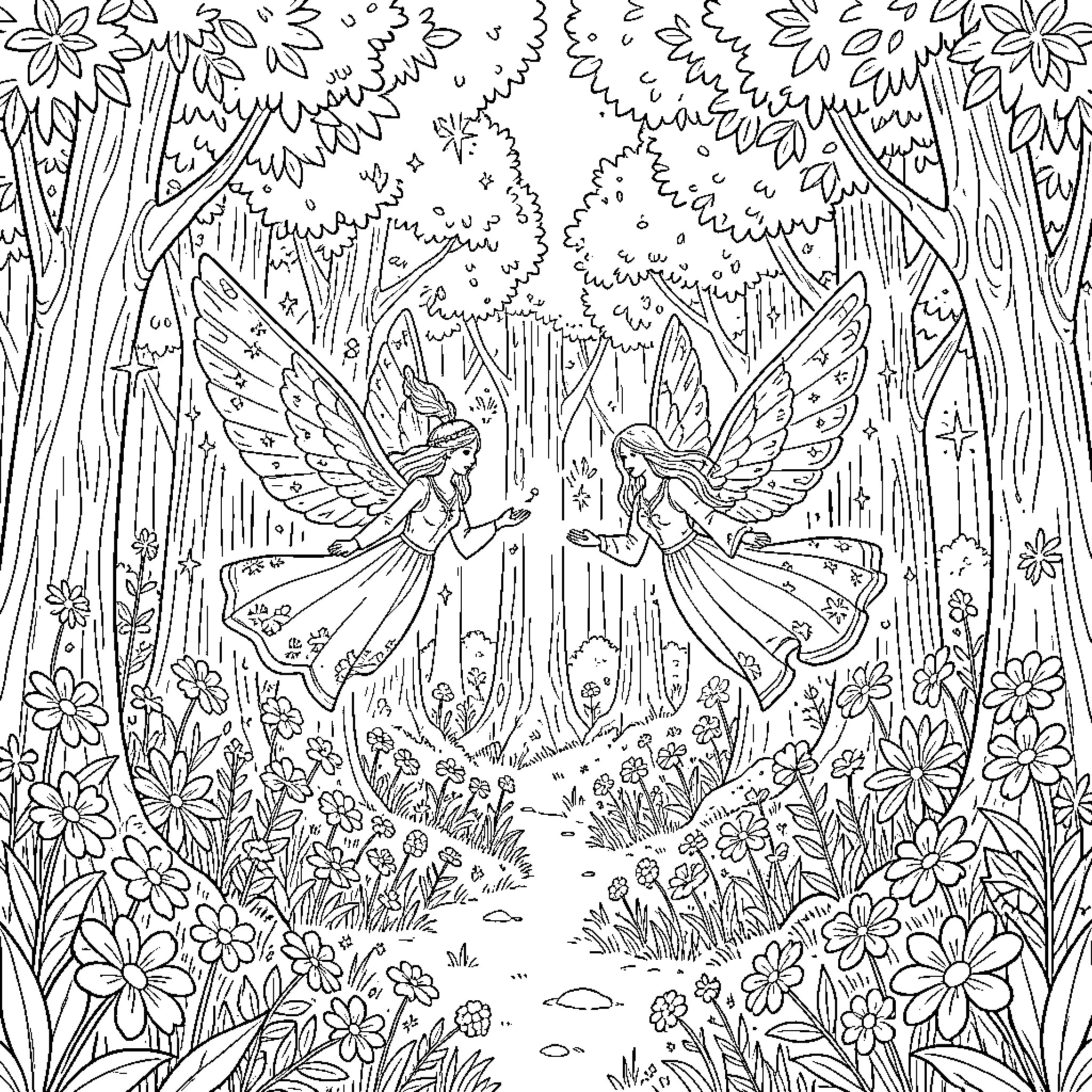 Fairy Woodland Enchantment Coloring Page (free black-and-white line drawing printable PDF for all, from beginners to advanced learners, including children, teens, adults, and seniors)