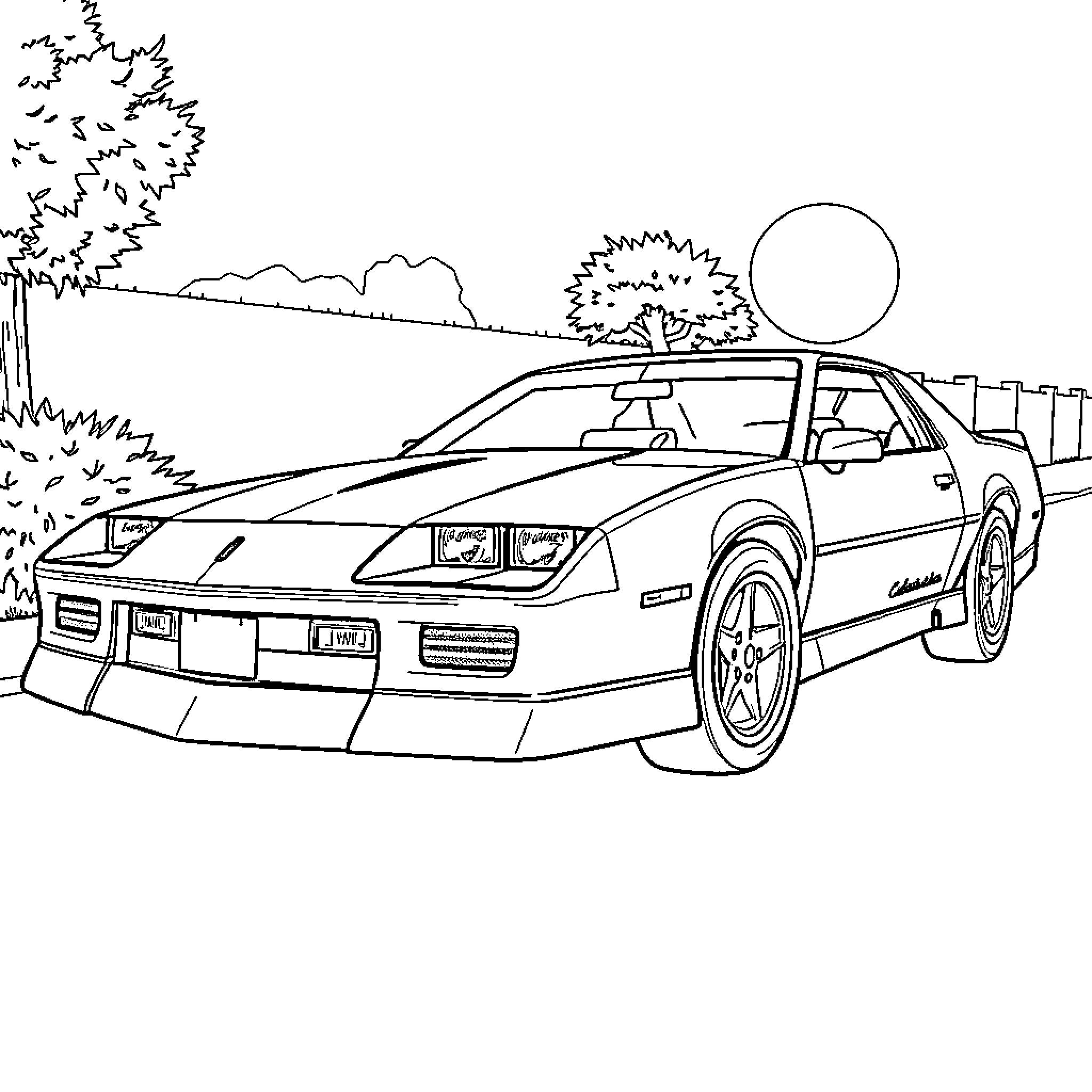 Camaro sports car on the road Coloring Page (free black-and-white line drawing printable PDF for all, from beginners to advanced learners, including children, teens, adults, and seniors)