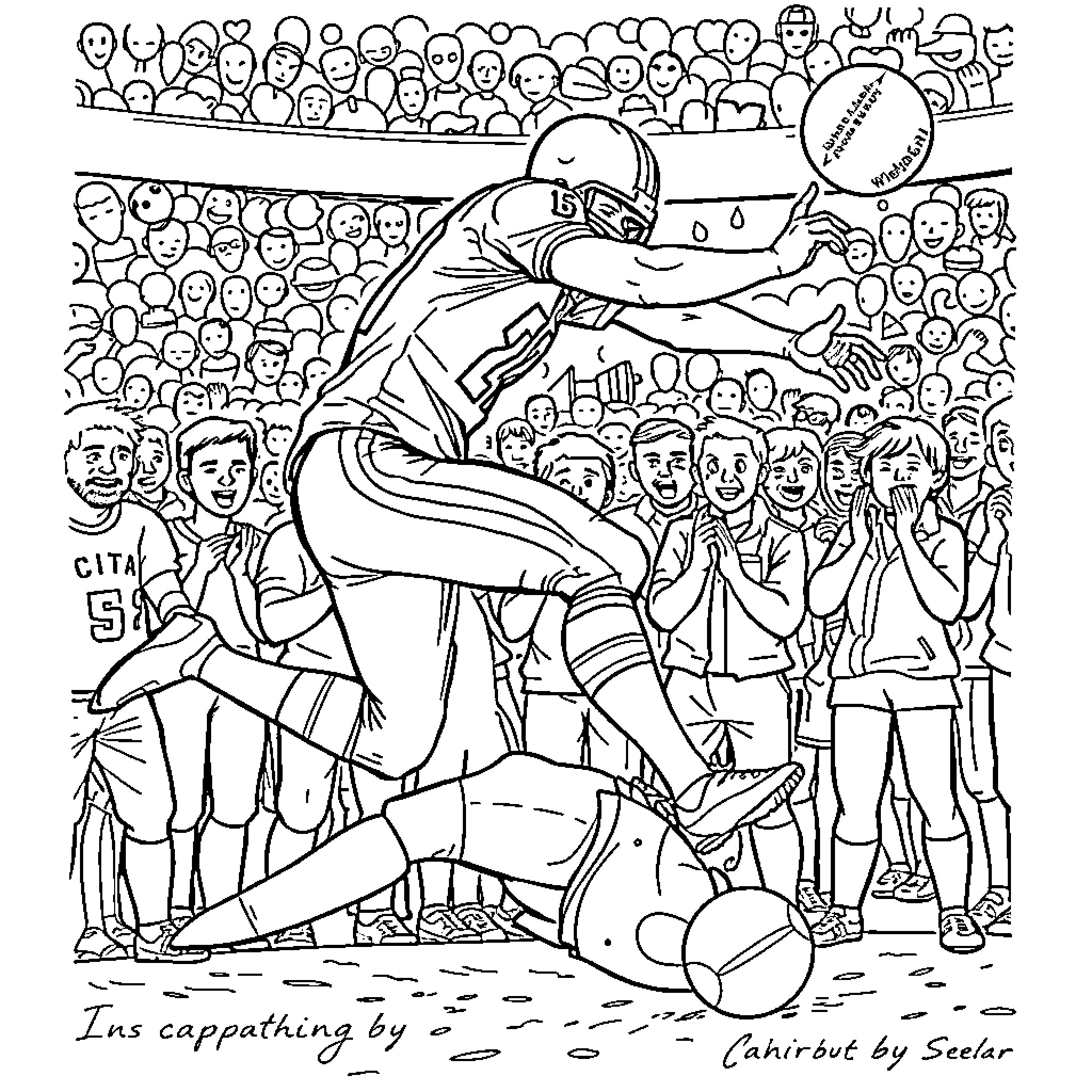Football Player Tackling and Celebrating on the Field Coloring Page (free black-and-white line drawing printable PDF for all, from beginners to advanced learners, including children, teens, adults, and seniors)